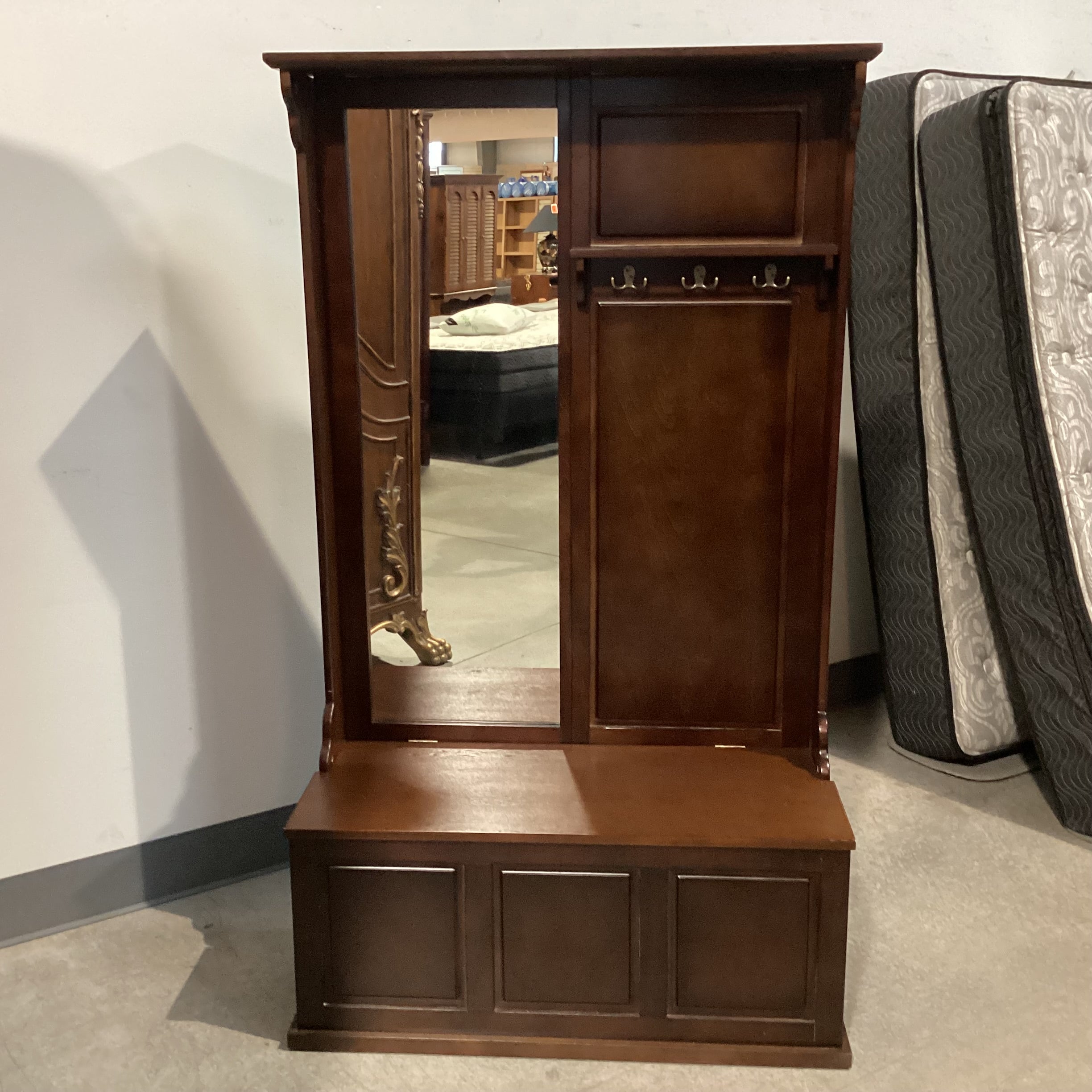 Dark Finish Wood with Mirror & Storage Hall Tree Bench 40"x 17"x 70"