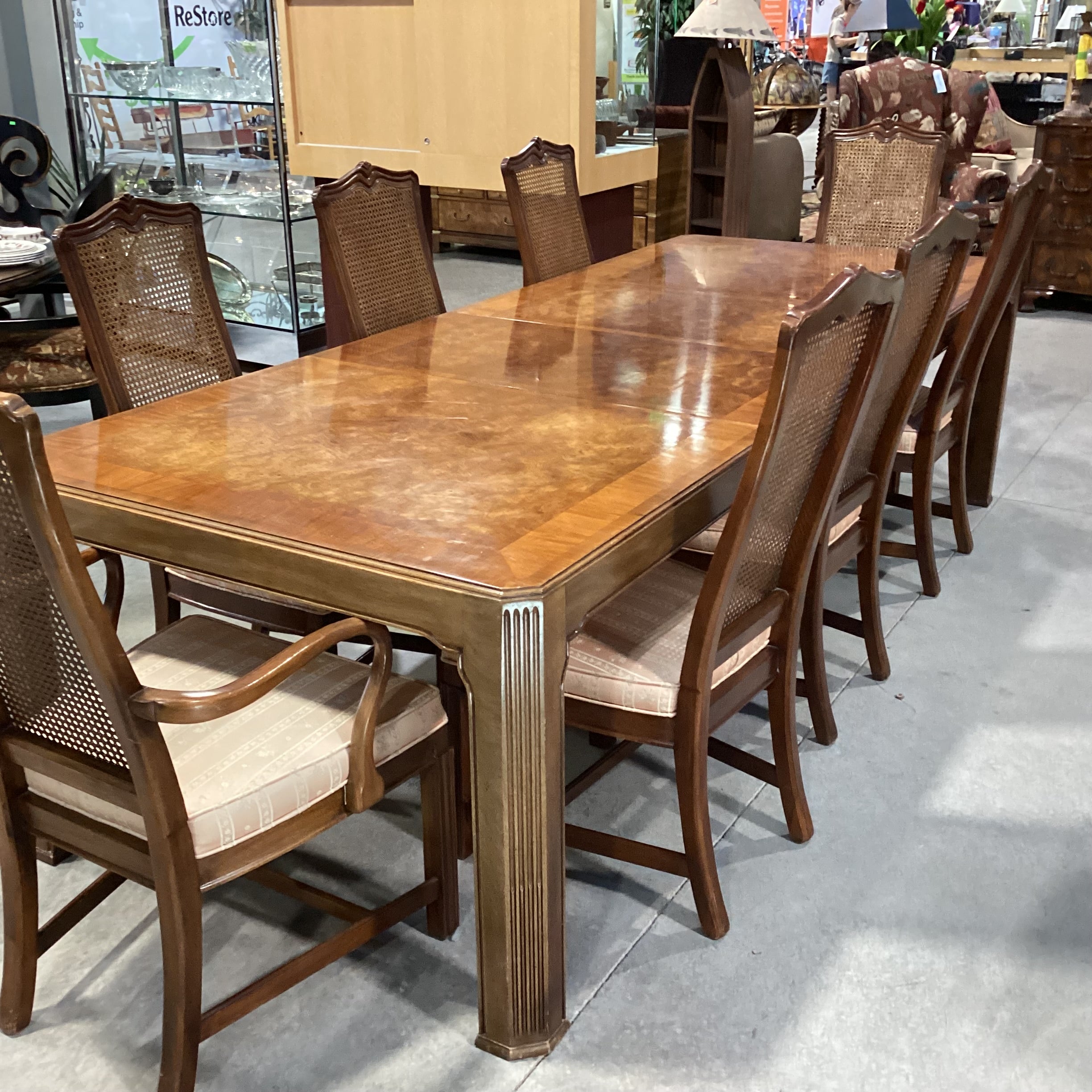 White Furniture Finished Wood & Burl Wood Veneer 2 Leaves Table with 8 Caned Chairs Dining Set 68" to 110"x 43"x 29.5"