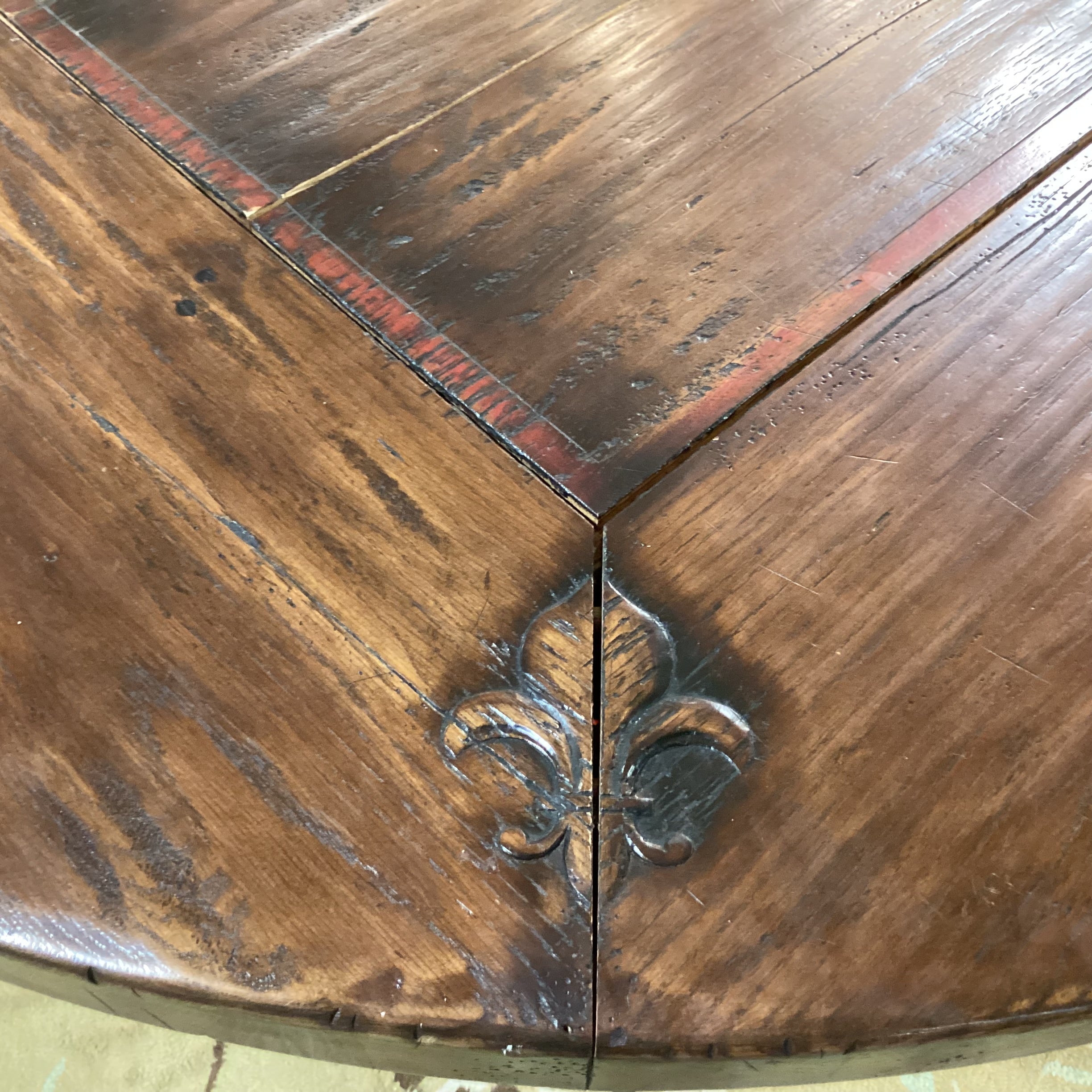 Distressed Solid Wood Finish with Carved Fleur De Lis  Detail Round Dining Table 66" Diameter x 30.5"