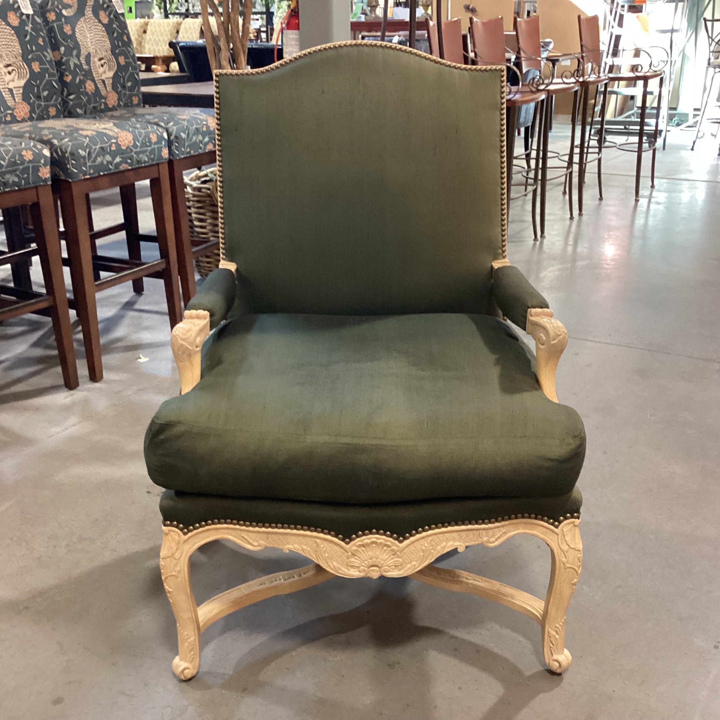 Carved Washed Wood & Green Raw Silk Down Chair 29"x 25"x 42"