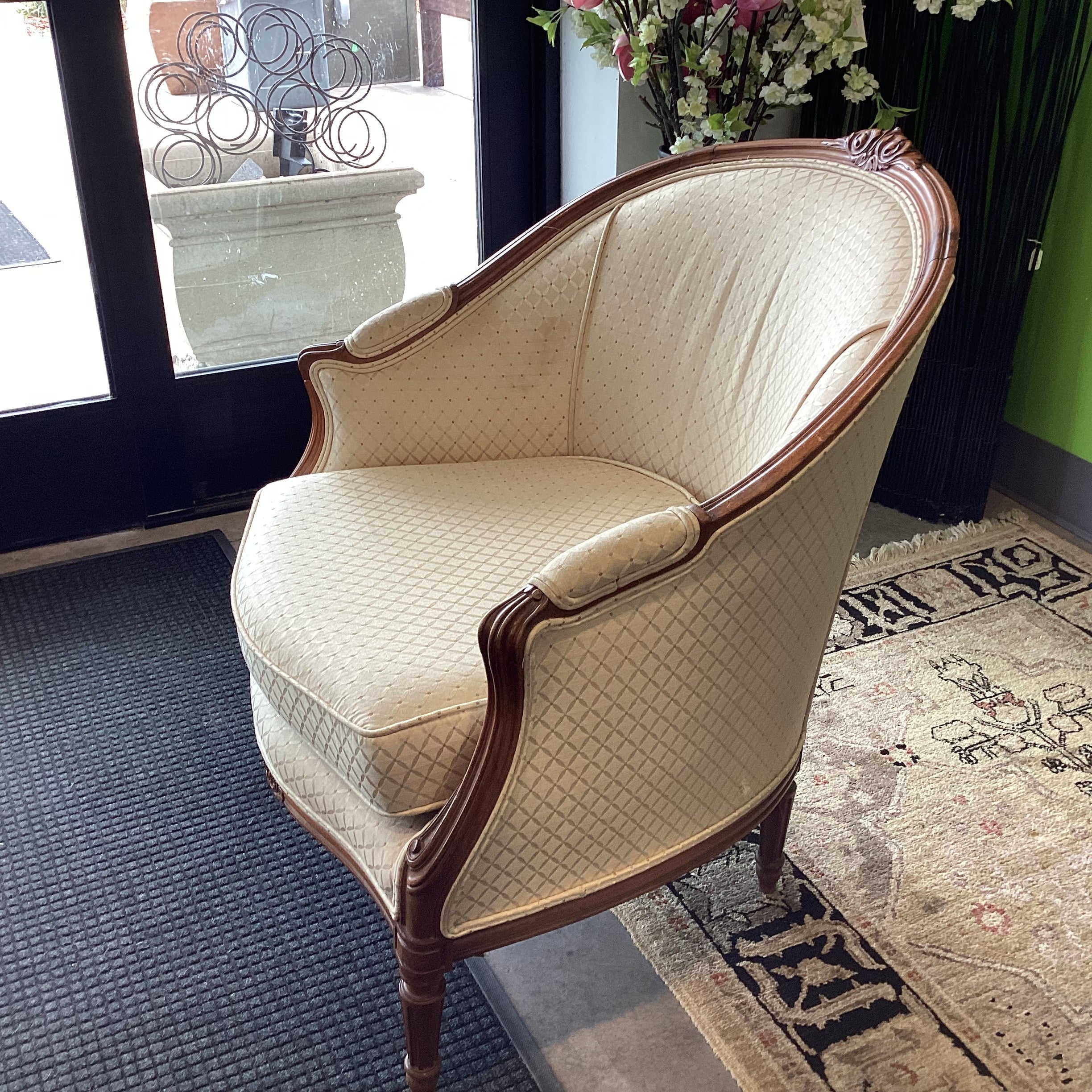 Antique Carved Oak & Golden Lattice Style Upholstery French Provincial Chair 32.5"x 34"x 38"