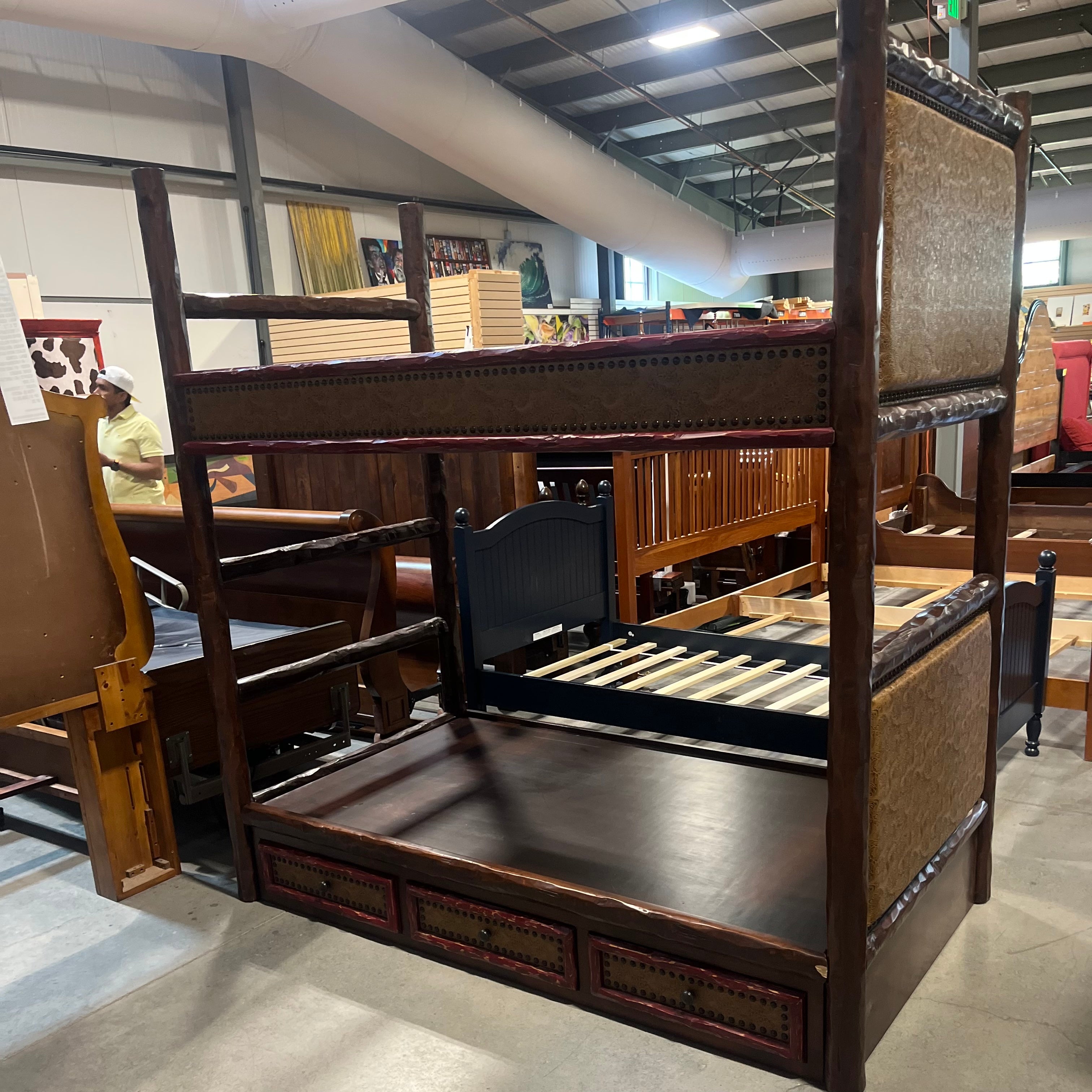 Twin Over Twin Solid Dark Wood With Embossed Leather and Nail Head Accents And 3 Drawer Storage Bunk Bed Set 80"x 44"x 84"
