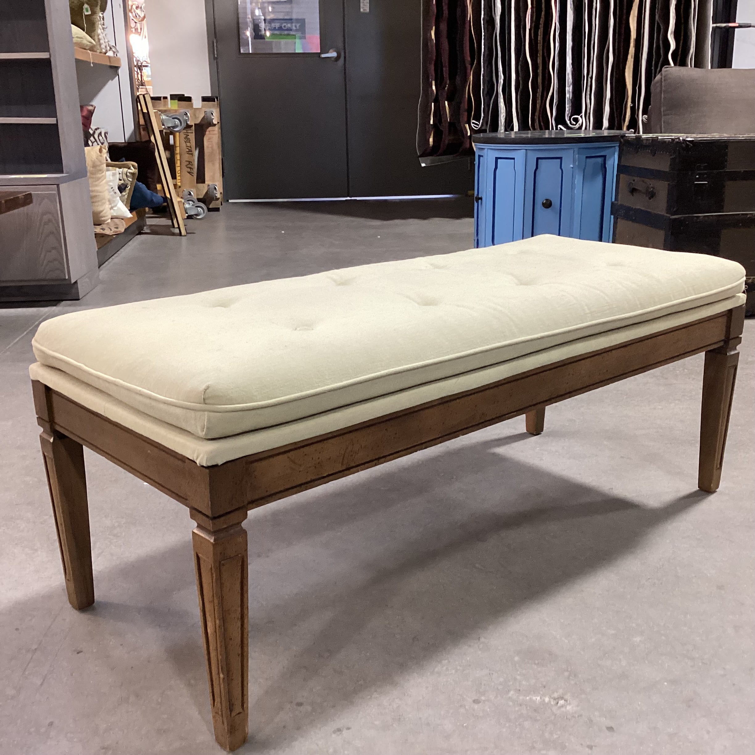 Vintage Carved Wood & Reed Green Button Tufted Bench 44"x 19"x 17"