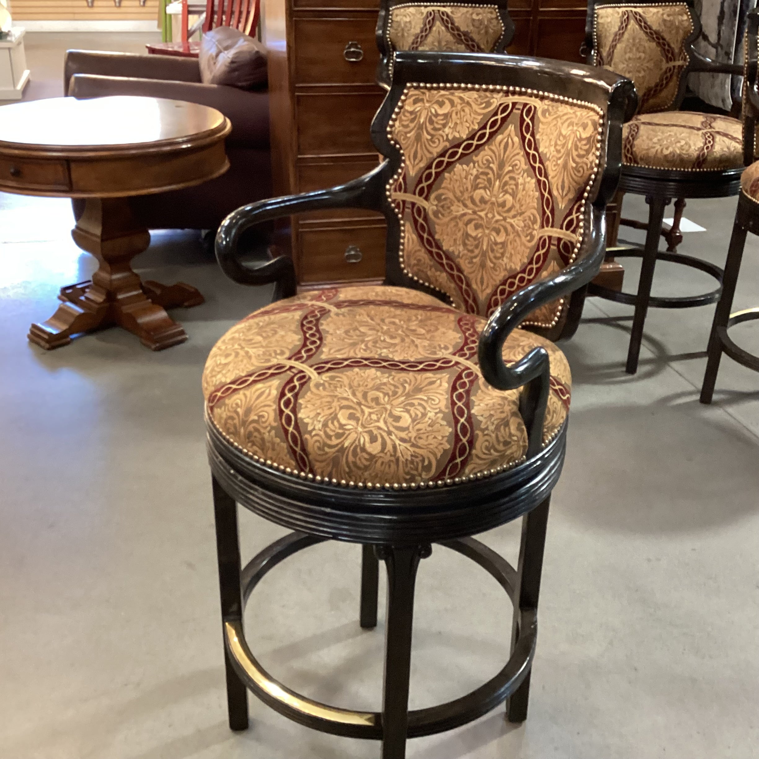 Ferguson Copeland Dark Distressed Carved Wood with Gold & Claret Upholstered Nailhead Swivel Barstool 31"