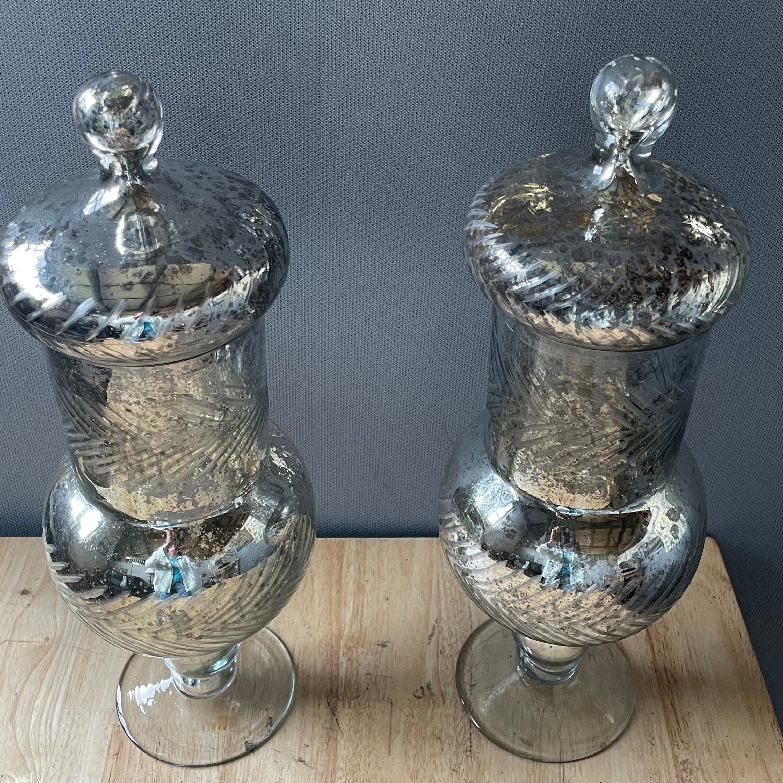 Set of 2 Decorative Etched Mercury Glass Apothecary Jars, 6"x 17" Each