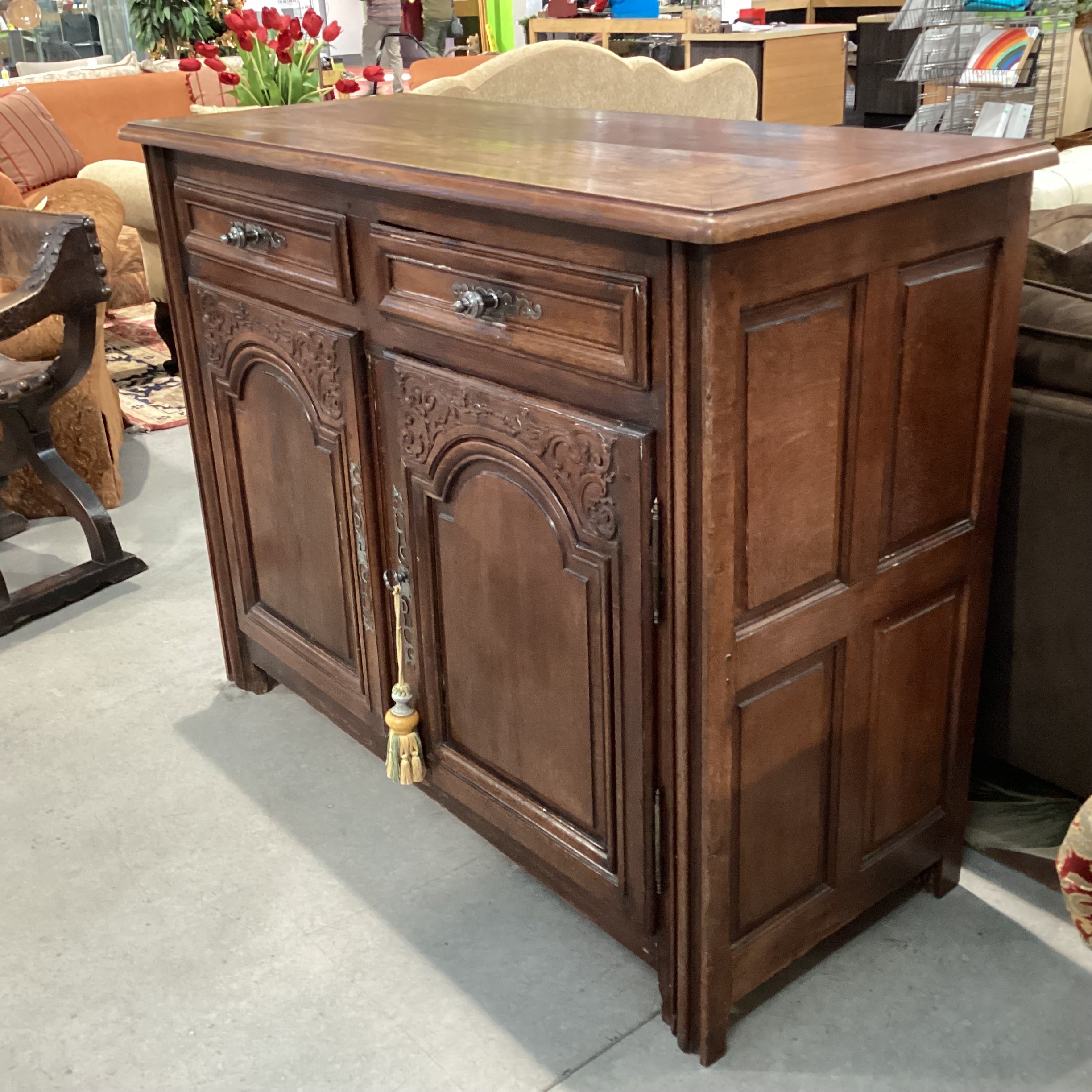 Antique Carved Wood 2 Drawer 2 Door with Shelves Sideboard 58.5"x 24"x 45"