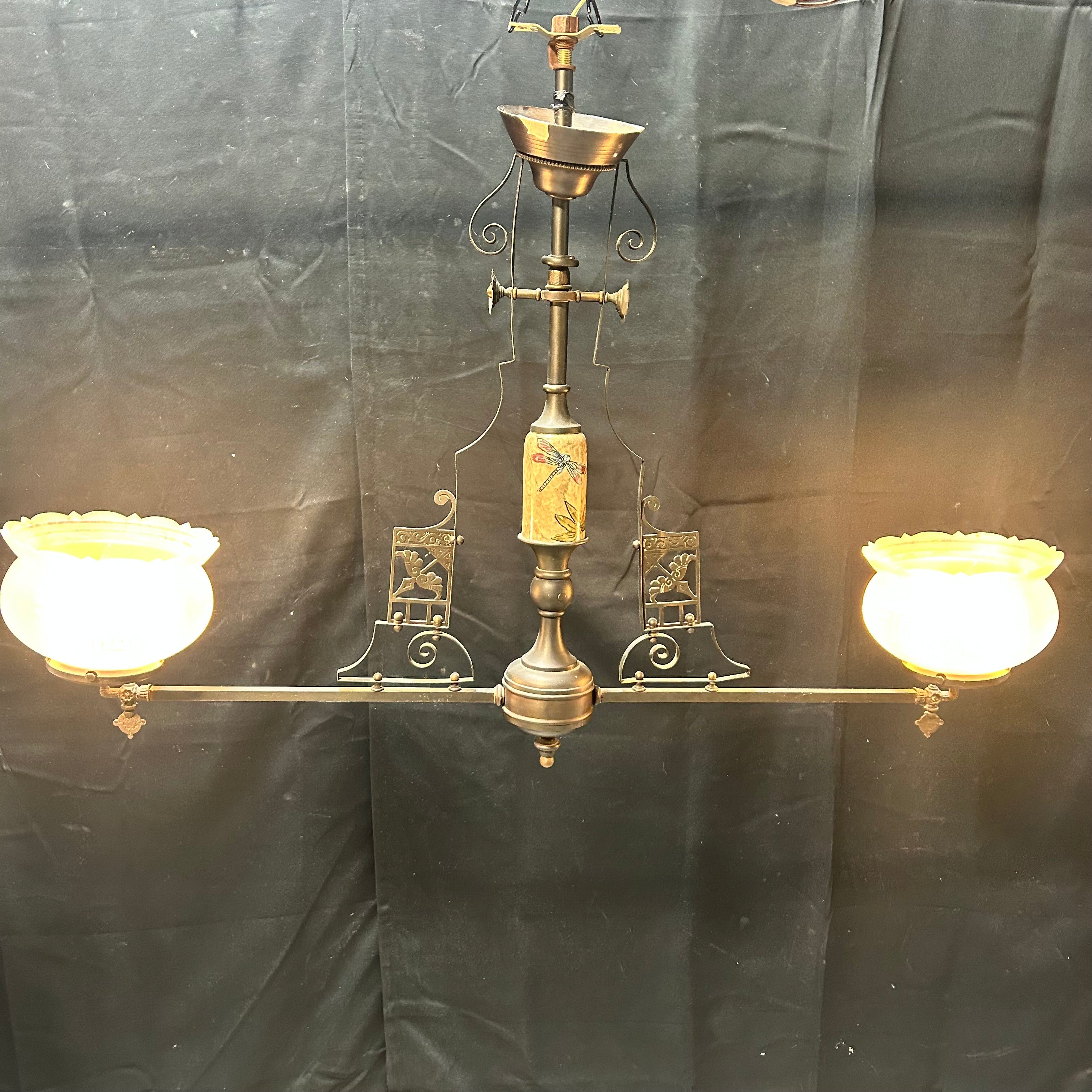 Early Circa 1900 2 Light East Lake Detailing With Ceramic Painted Dragonfly etched Glass 40"x 28"