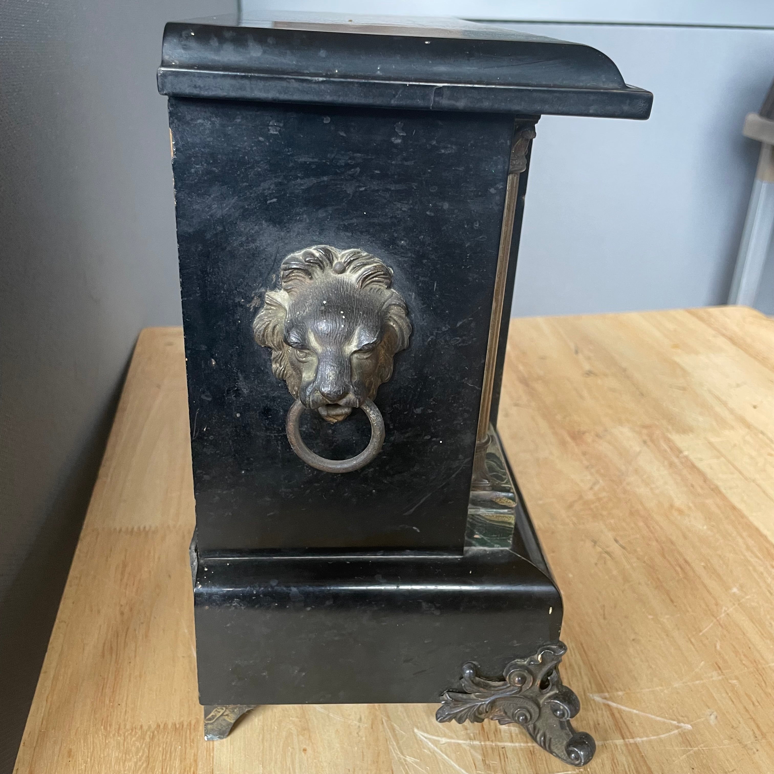 Antique Late 1800's Ingraham Black Enamel Floral Details Wood/Brass Lions Head Handles & Feet Chiming Mantle Clock, 15.25"x 6"x 10.5"