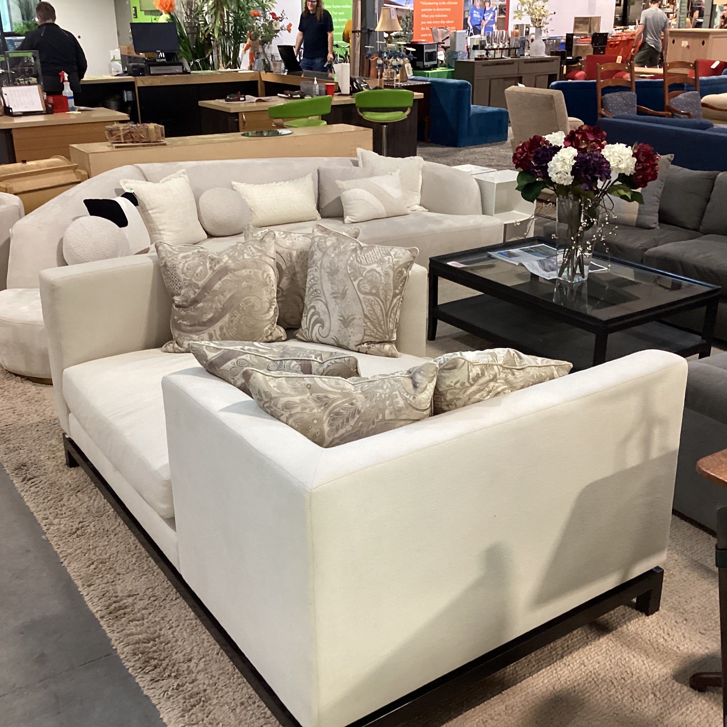 JJ Custom Dove Grey Wool Down Mix with Metallic Taupe &Ivory Accent Pillows Modern Chaise Sofa 76"x 48"x 33"
