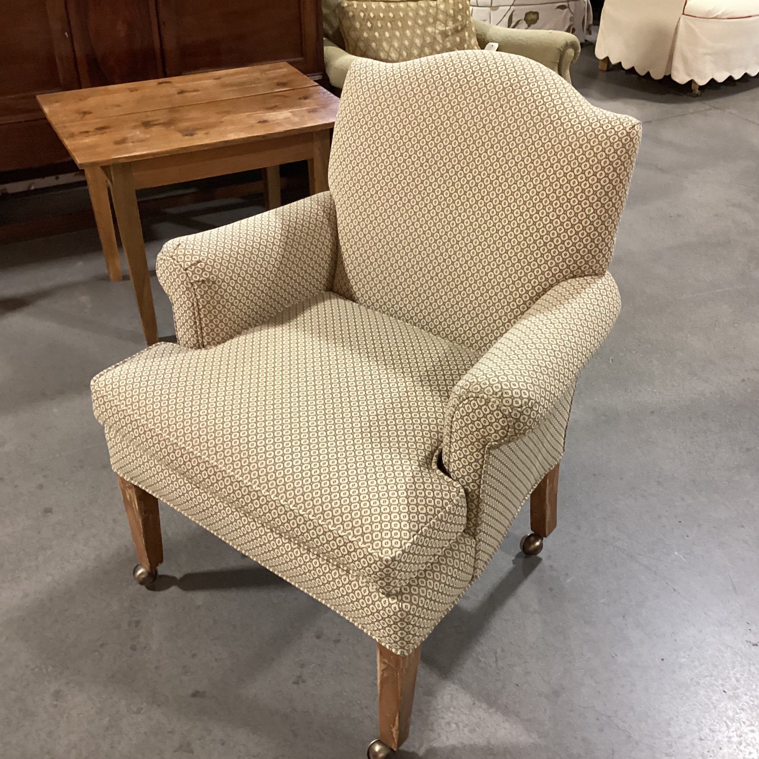 Dindy Foster Interiors Cream & Sage Pattern on Casters Accent Chair 31"x 28"x 36.5"