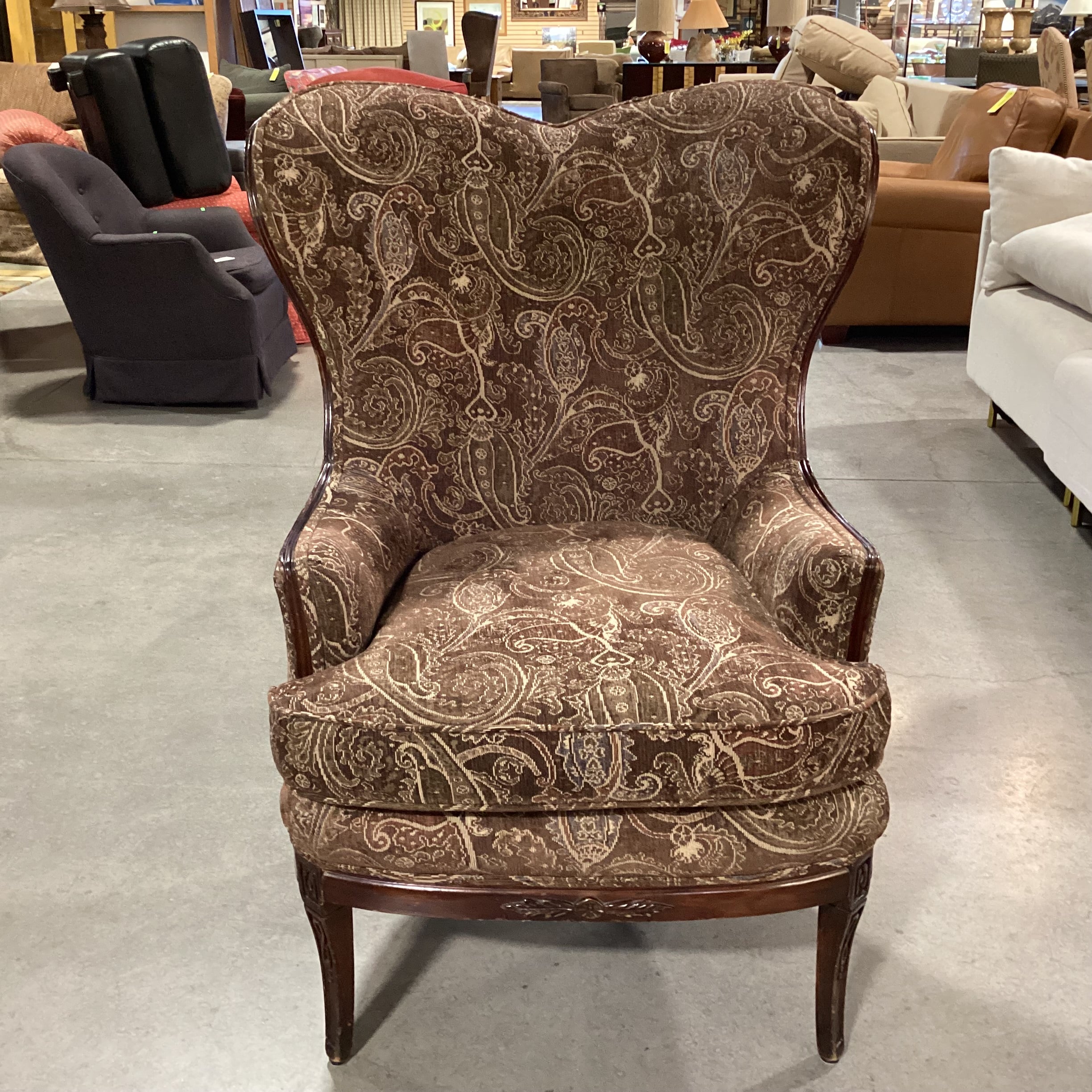 Vintage Brown Tones Paisley & Carved Wood Wing Chair 26"x 36"x 43"