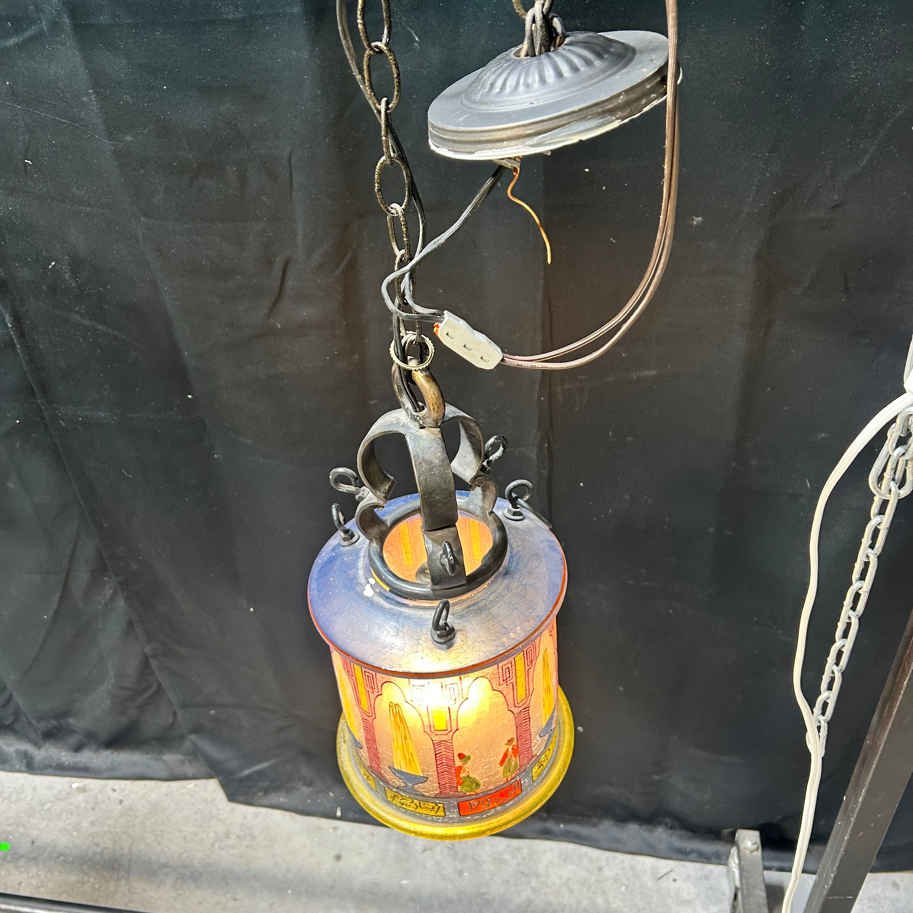 Ottoman Glass Lantern Early 20th Century With Crackle Painted Glass 8"x 19"