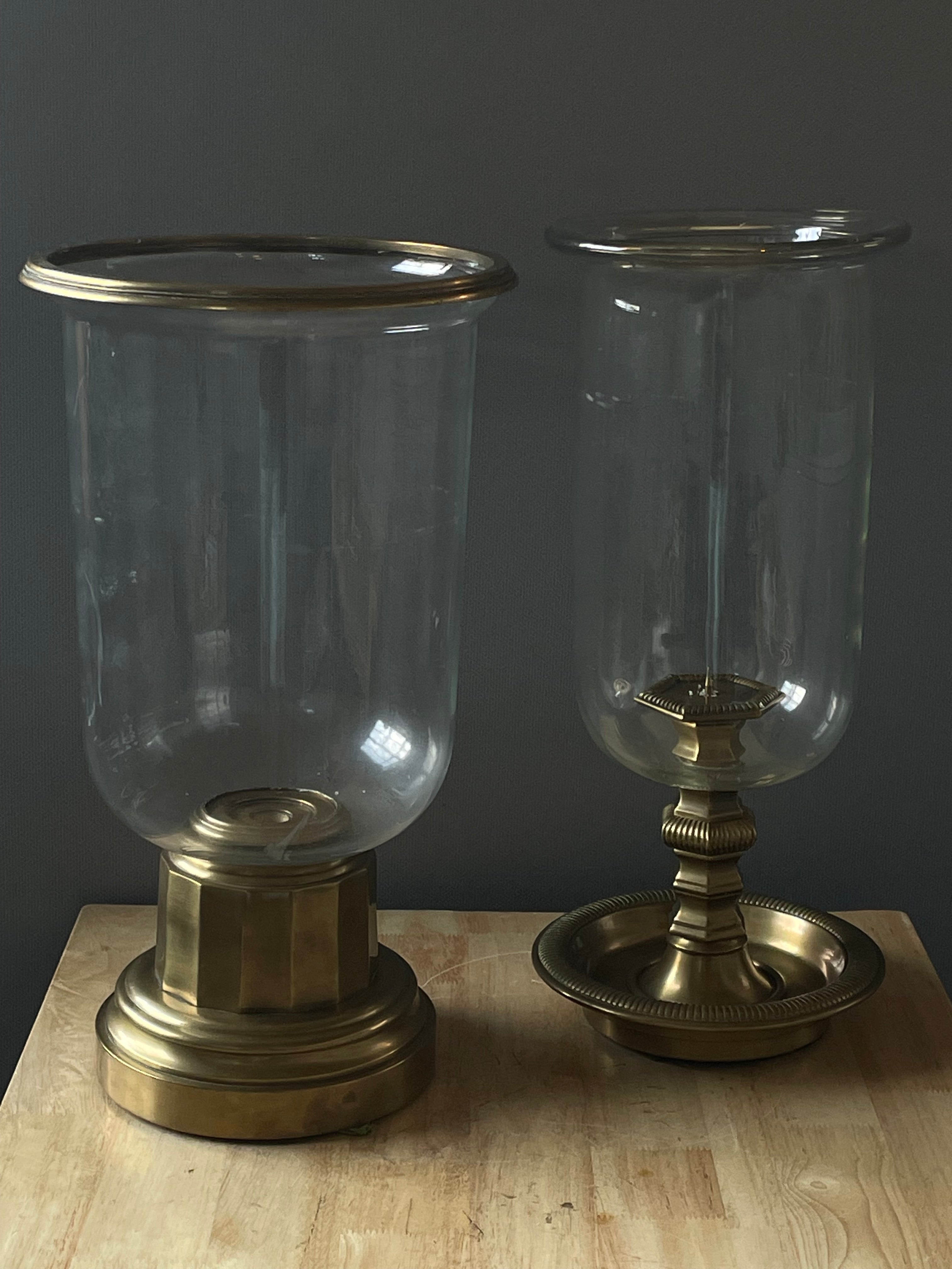 Set of 2 Classic Brass/Glass Pillar Hurricane Candle Holders