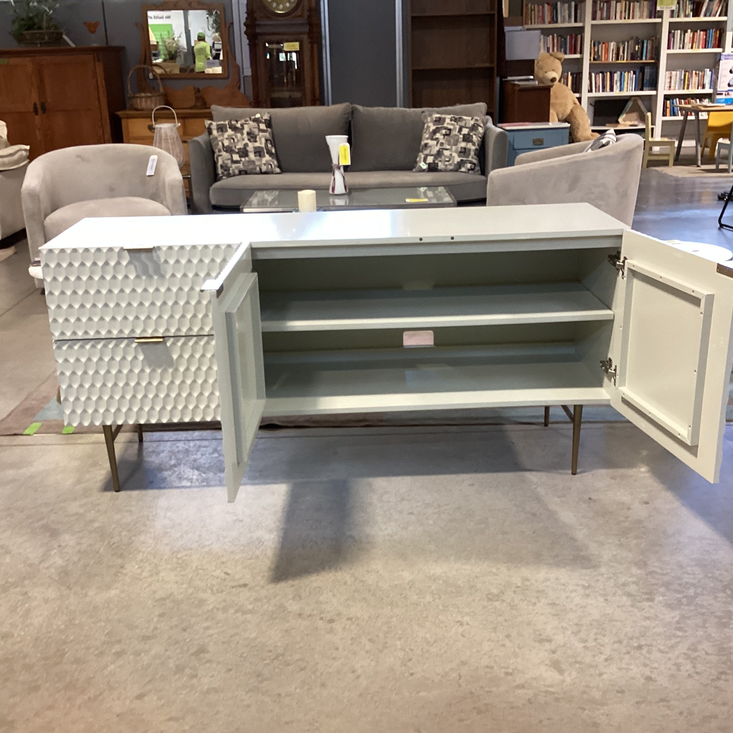 Williams Sonoma Audrey Parchment Kiln Dried Engineered Wood & Antiqued Brass Metal Handles Buffet 62"x 19"x 29.5"