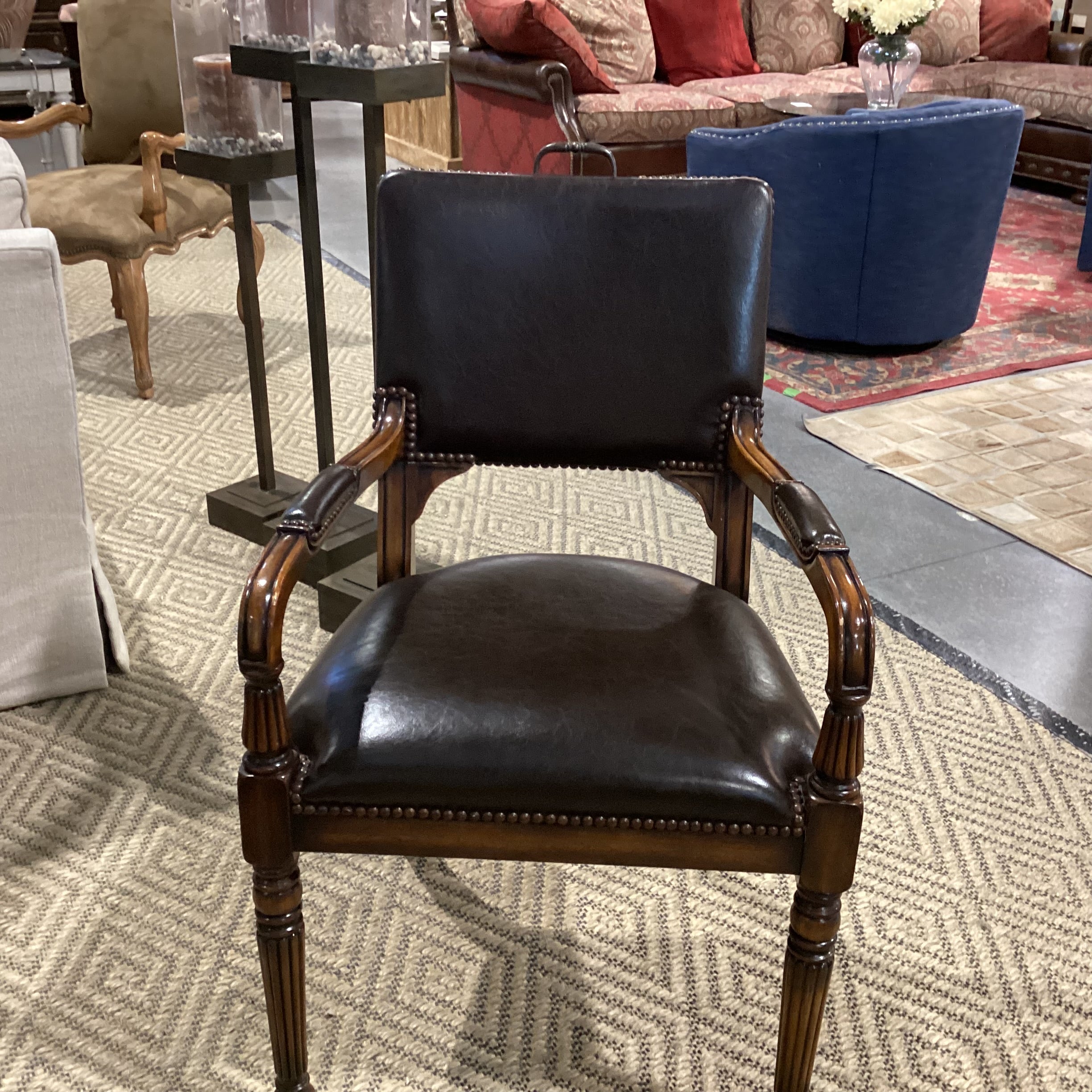 Carved Wood Leather Nailhead & Back Handle Chair 24"x 24"x 39"