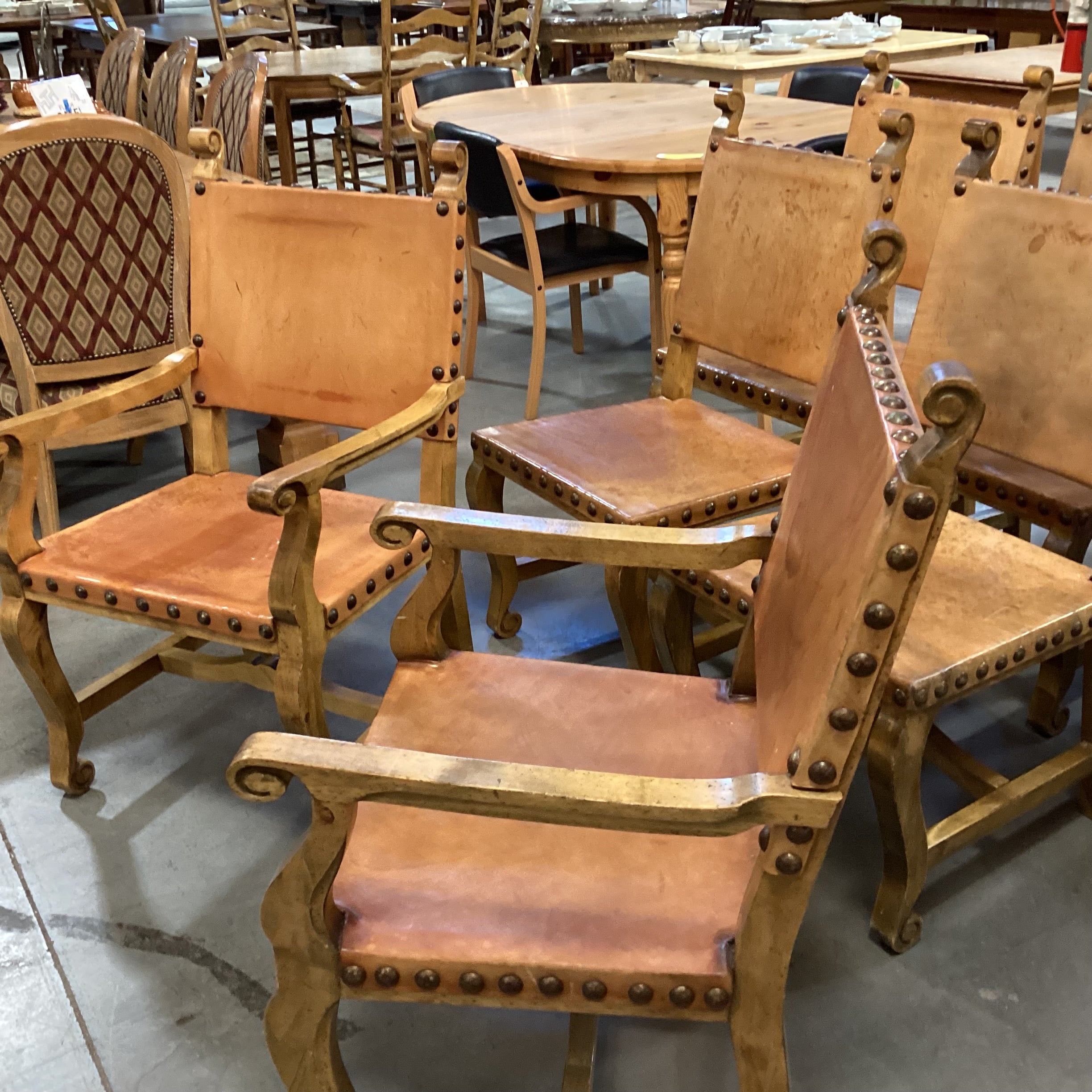 Set of 7 Carved Wood & Leather Nail Head Rustic Dining Chairs 23"x 24"x 41"