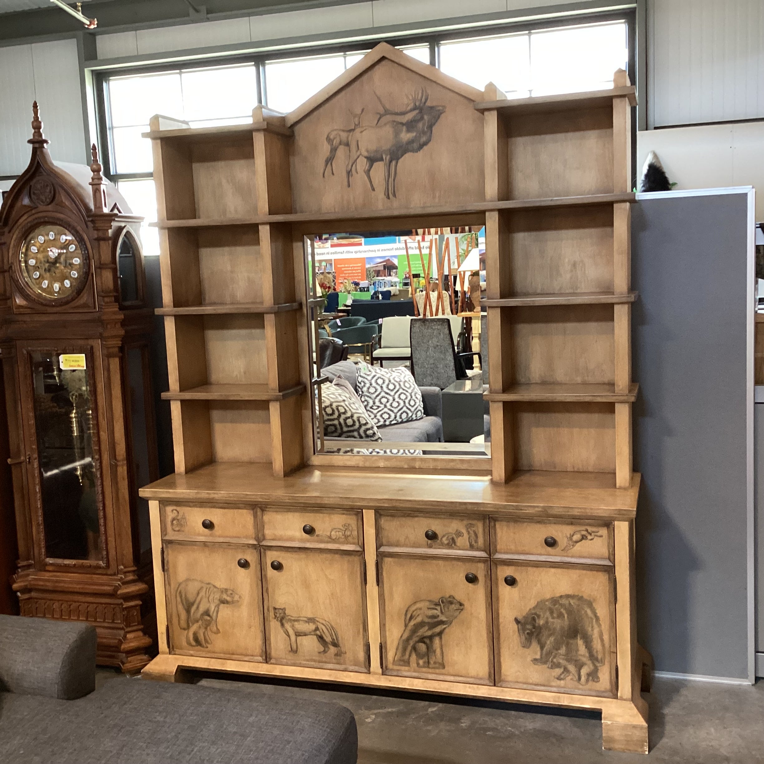 Custom Cabinetry Antiqued Wash with Forest Animals 2 Piece with Hutch Credenza 72"x 21"x 96"