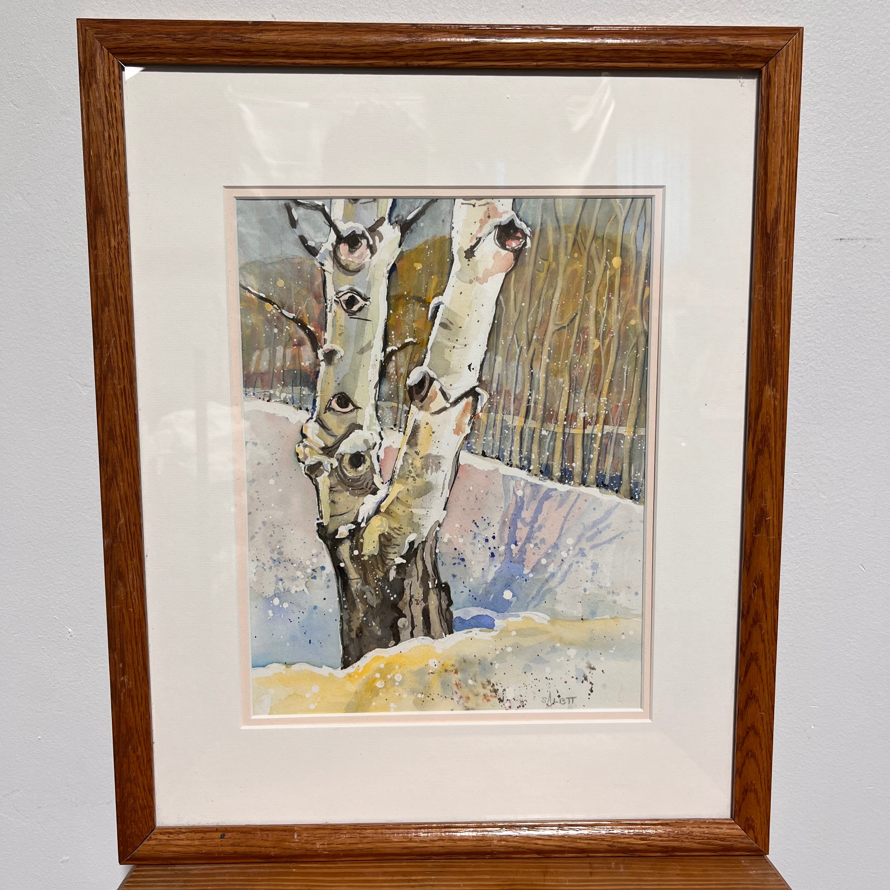 Sue Binkley Aspen Tree in Snow Original Watercolor/Gouache on Paper Wall Decor; 17.5"x 21"