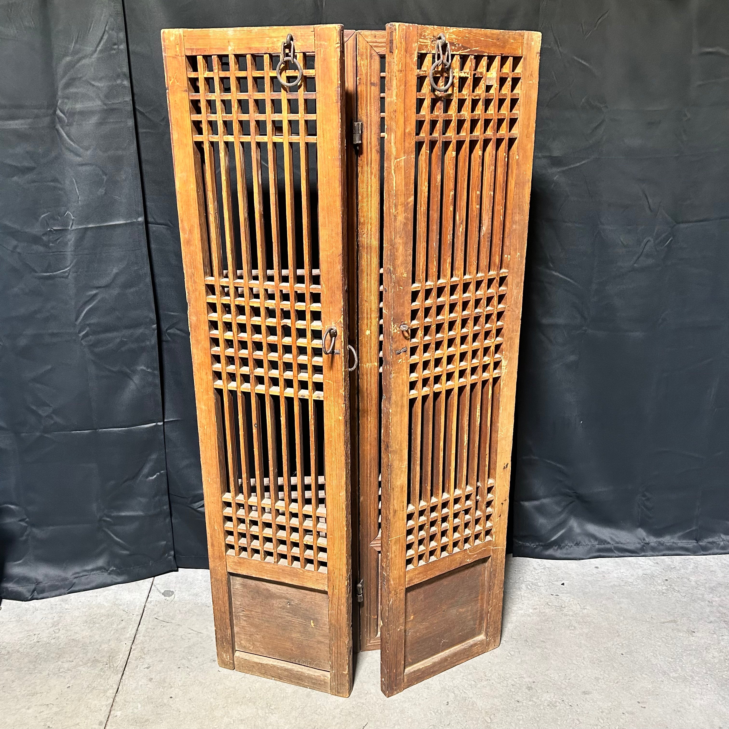 Oriental Antique Four-Panel Wooden Screen With Iron Hardware 62"x 64"