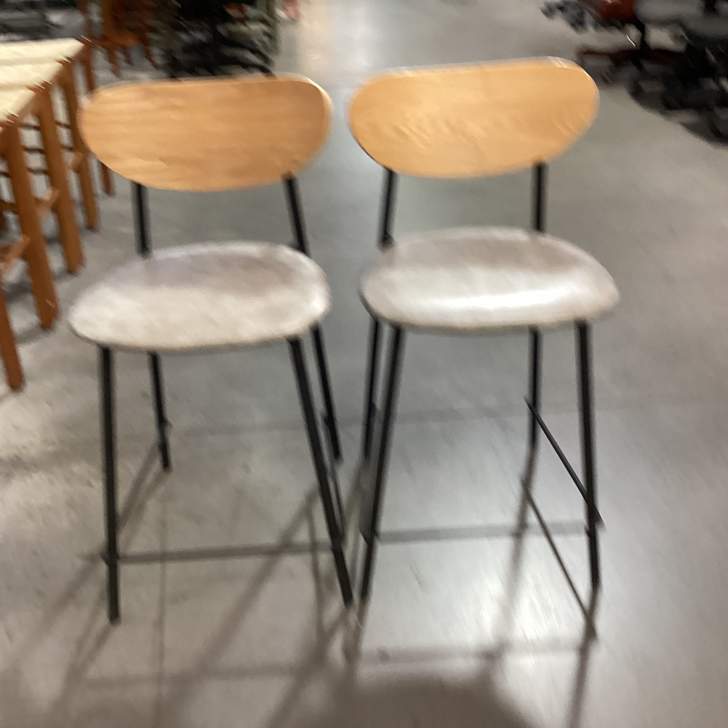 SET of 2 Light Wood Black Metal & Grey Faux Leather Barstools 24"