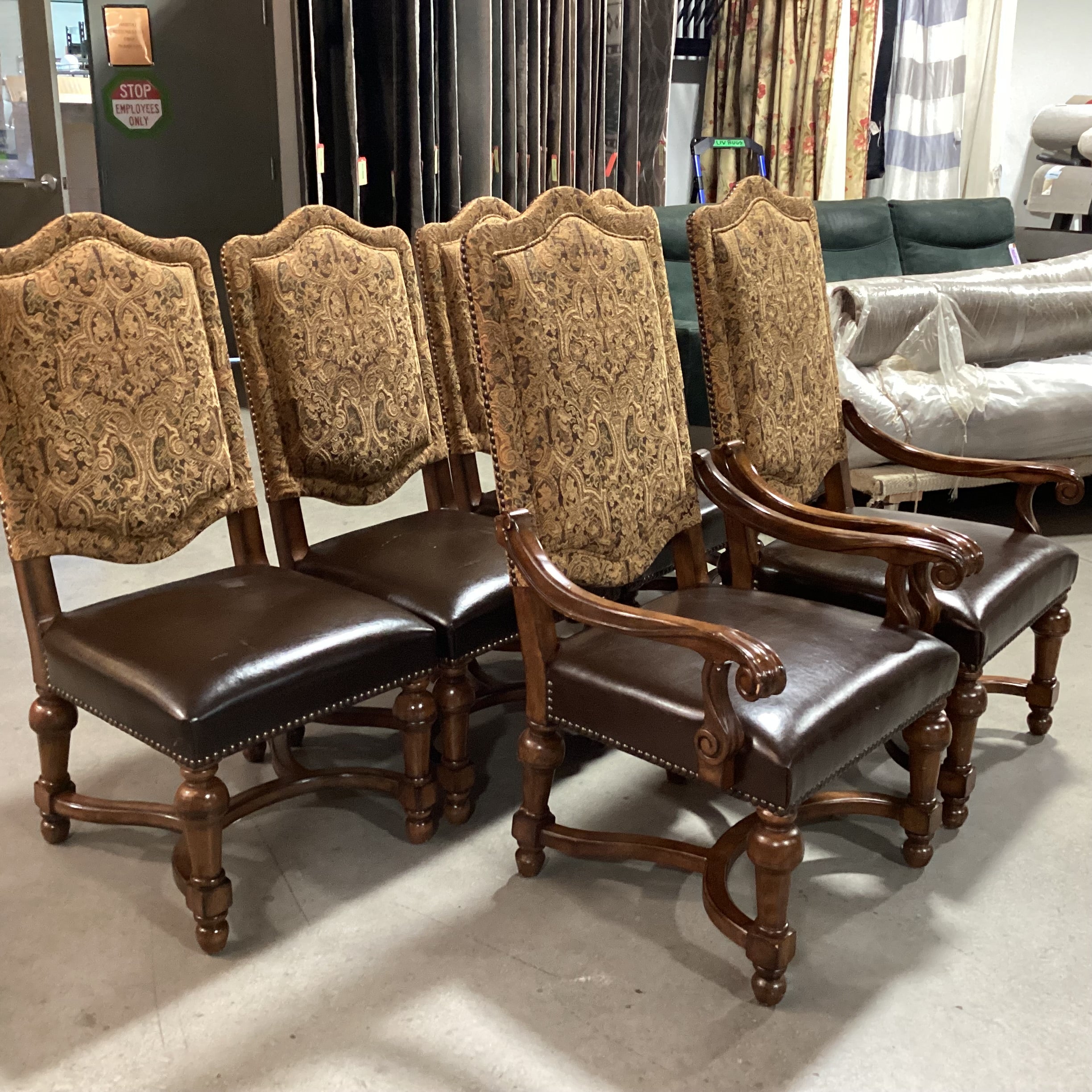 SET of 6 Bernhardt Carved Wood Brown Gold Paisley & Leather Nailhead Dining Chairs 29"x 25"x 49"
