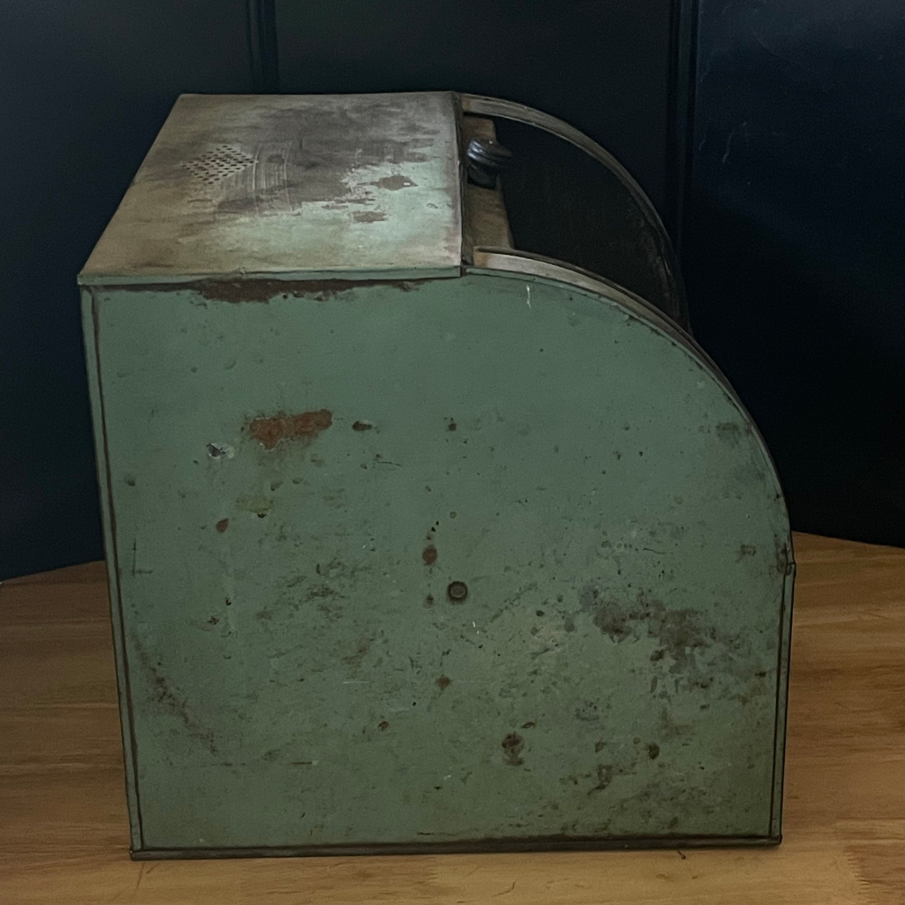 Antique Green Metal Bread & Cake Box with Sliding Lid, 13.25"x 11"x 10.5"