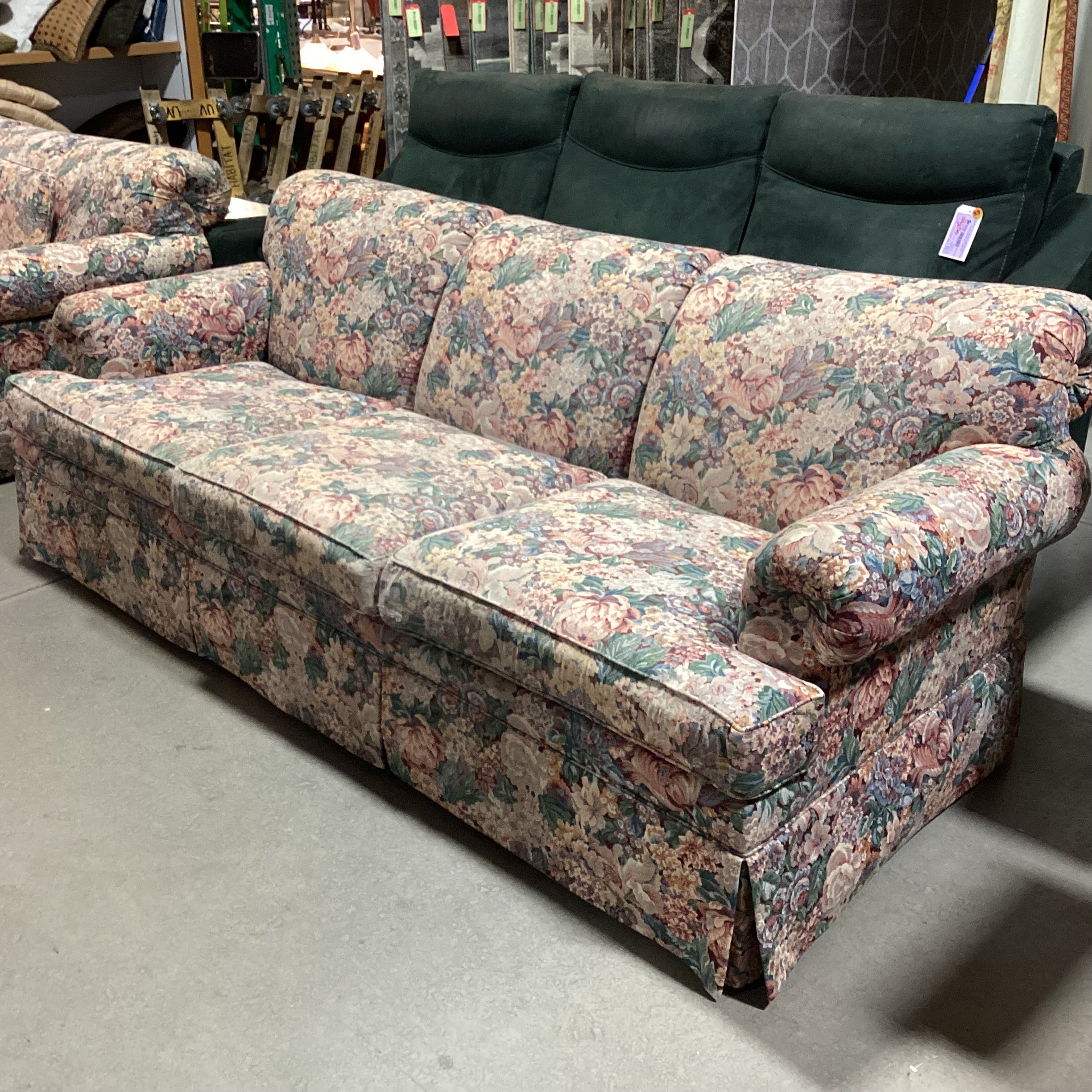 Ethan Allen Burgundy Green Cream Floral Sofa 90"x 38"x 33"