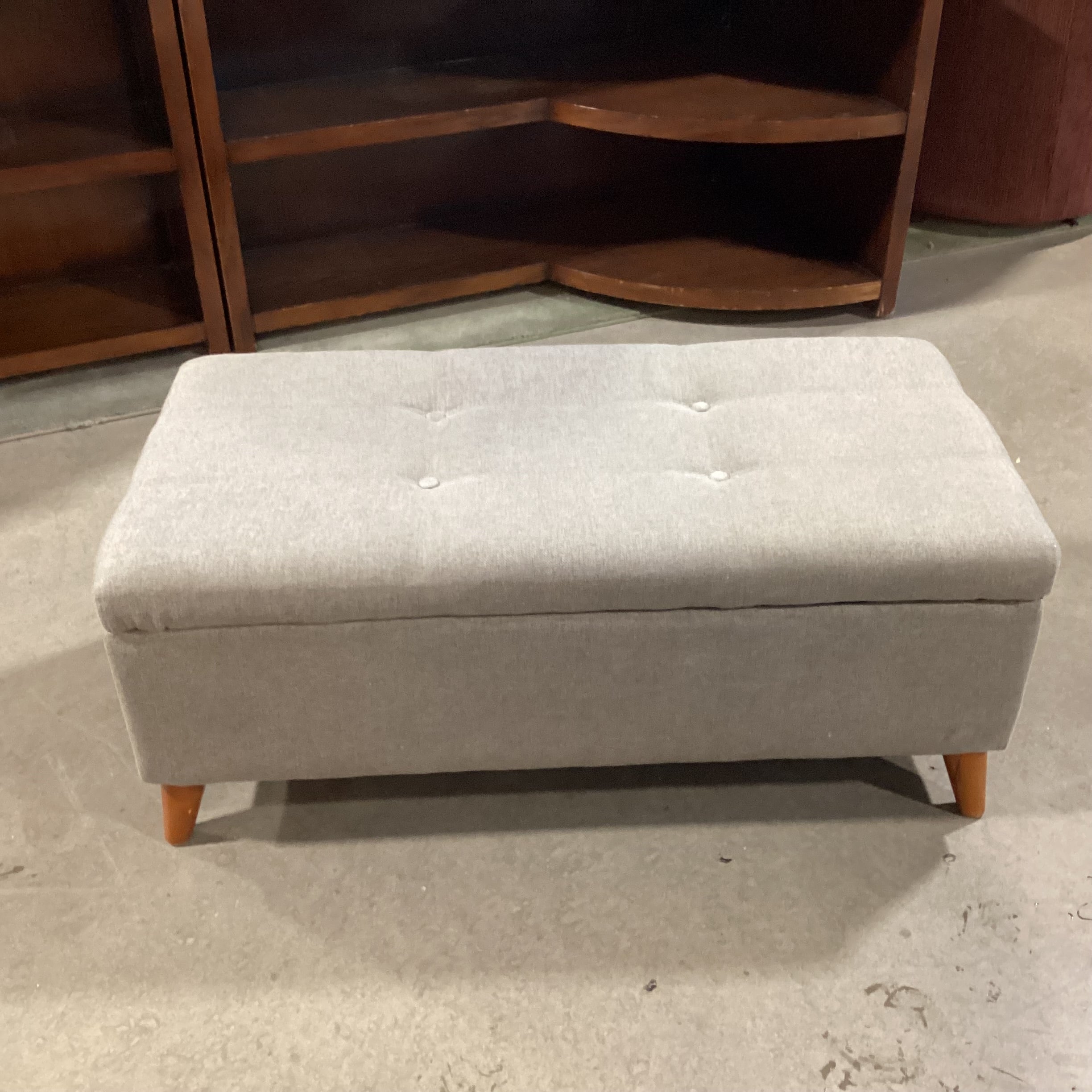 Grey Tufted & Wood Legs Storage Bench 38"x 19"x 14.5"