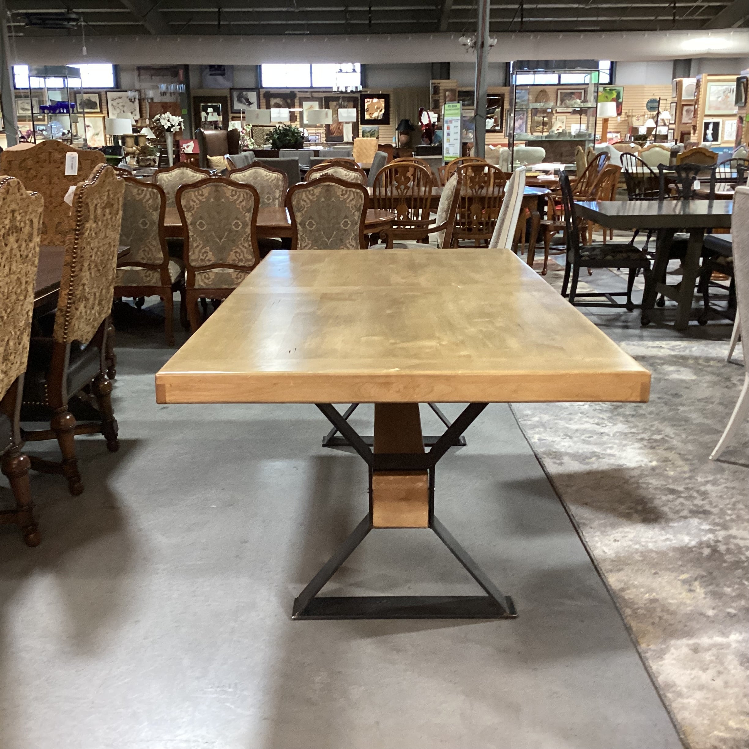 Mountain Modern Light Distressed Finish Wood & Steel with Beam Trestle Dining Table 84"x 42"x 31"