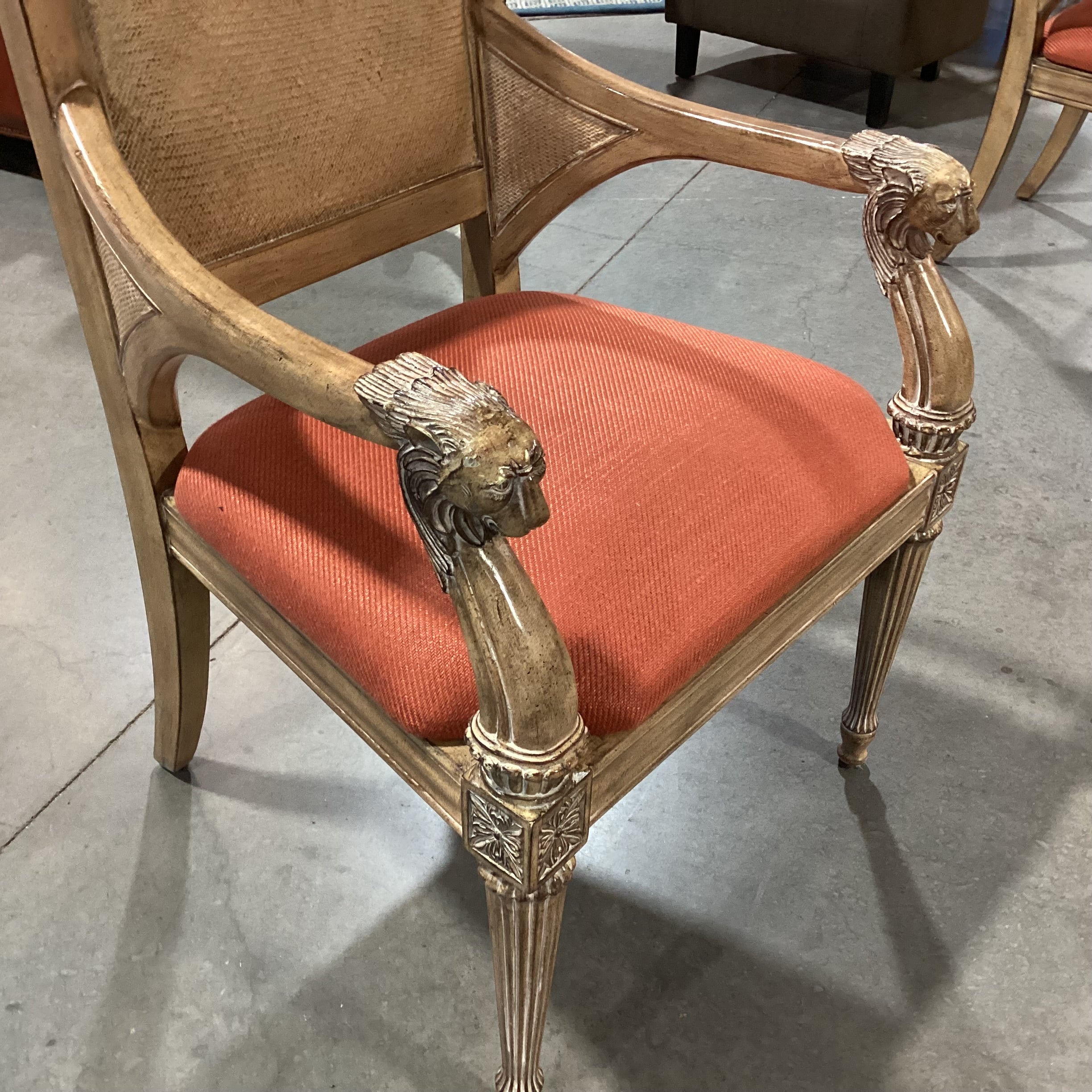 Carved Lionshead Antiqued Finish Wood Woven Leather & Burnt Orange Linen Chair 26"x 26"x 44"