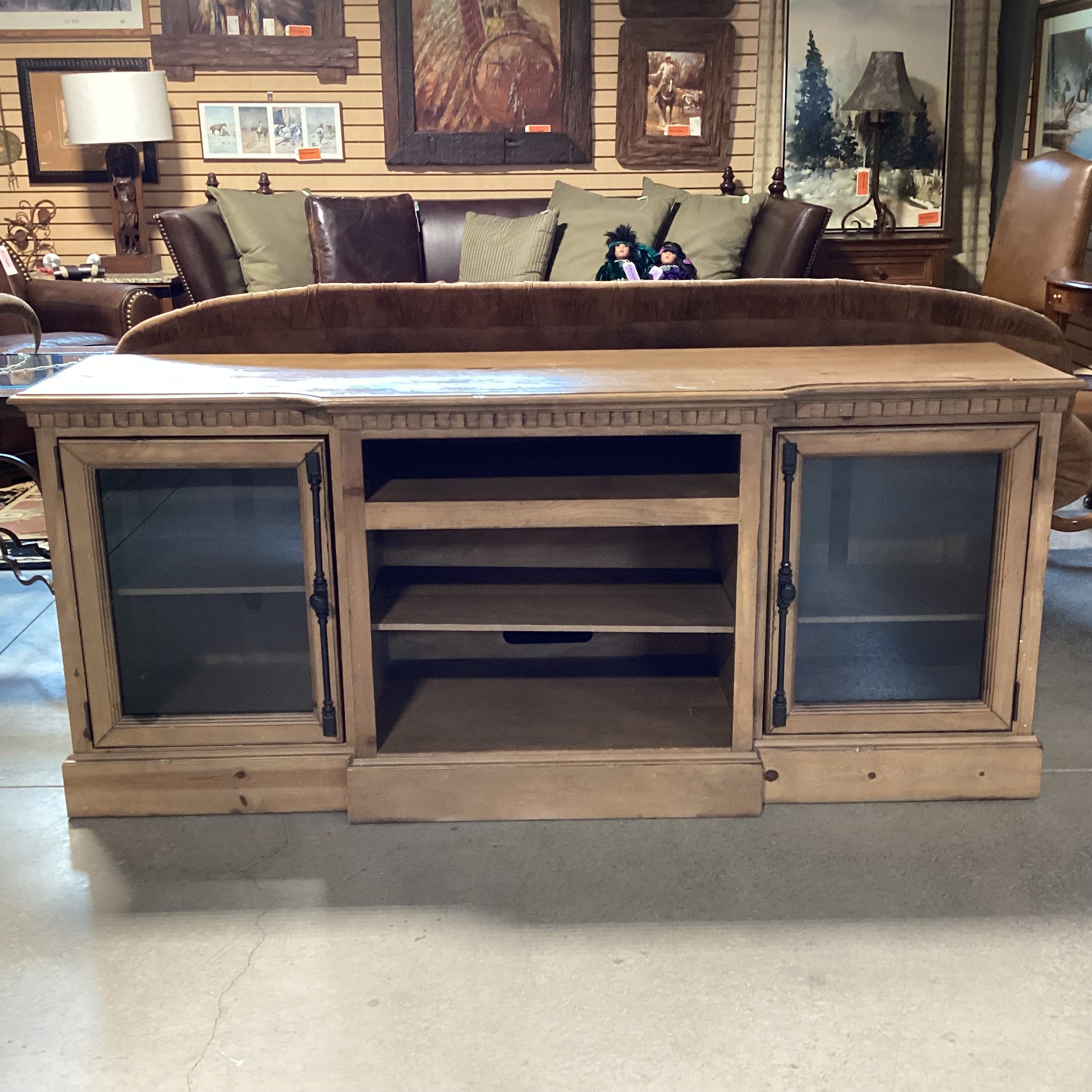 Light Greige Distressed Pine 2 Glass Door with Shelves Console Credenza 74"x 20"x 32.5"
