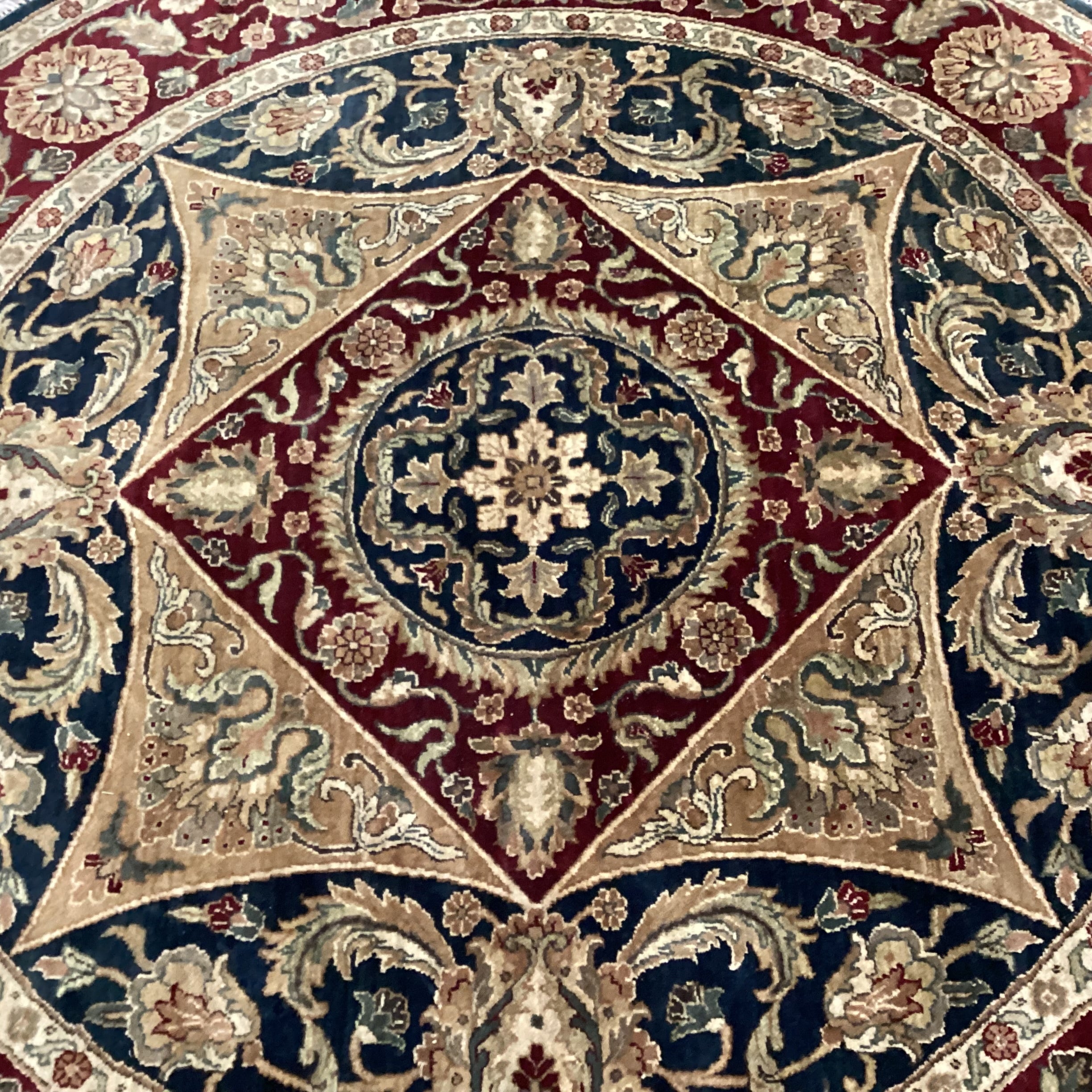 Red Blue Gold Round Hand Woven Wool Rug 8'3" Diameter