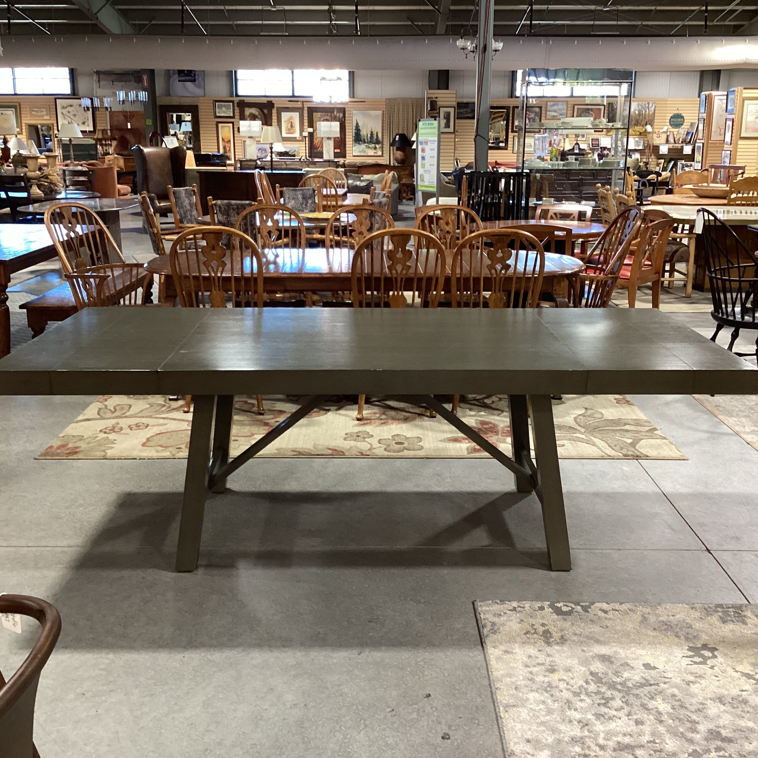 Standard Furniture Grey Finish Trestle & 2 End Leaves Dining Table 95"x 42"x 30"