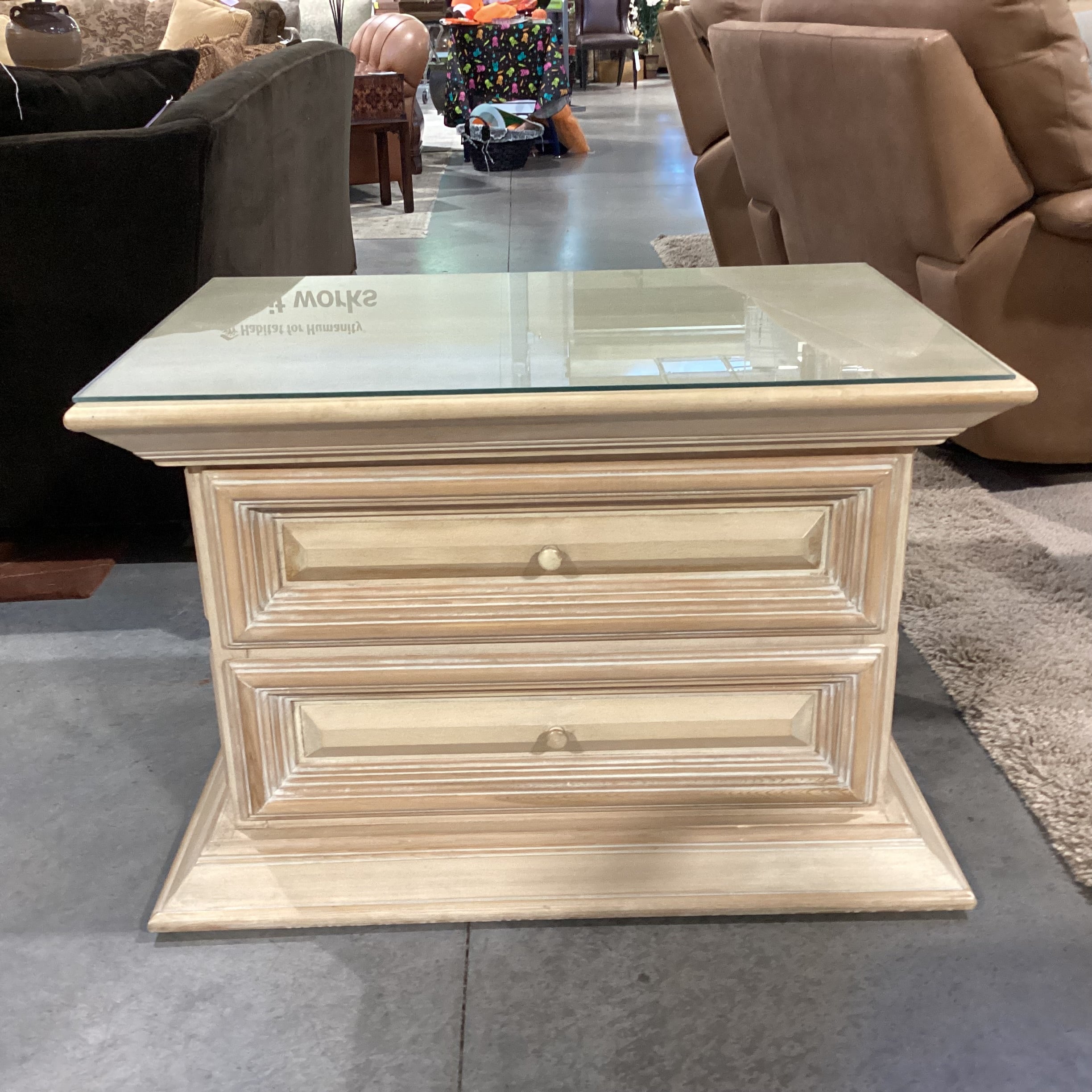 Kreiss Collection Natural Solid Carved Wood 2 Drawer Glass Top End Table 36"x 24"x 23"