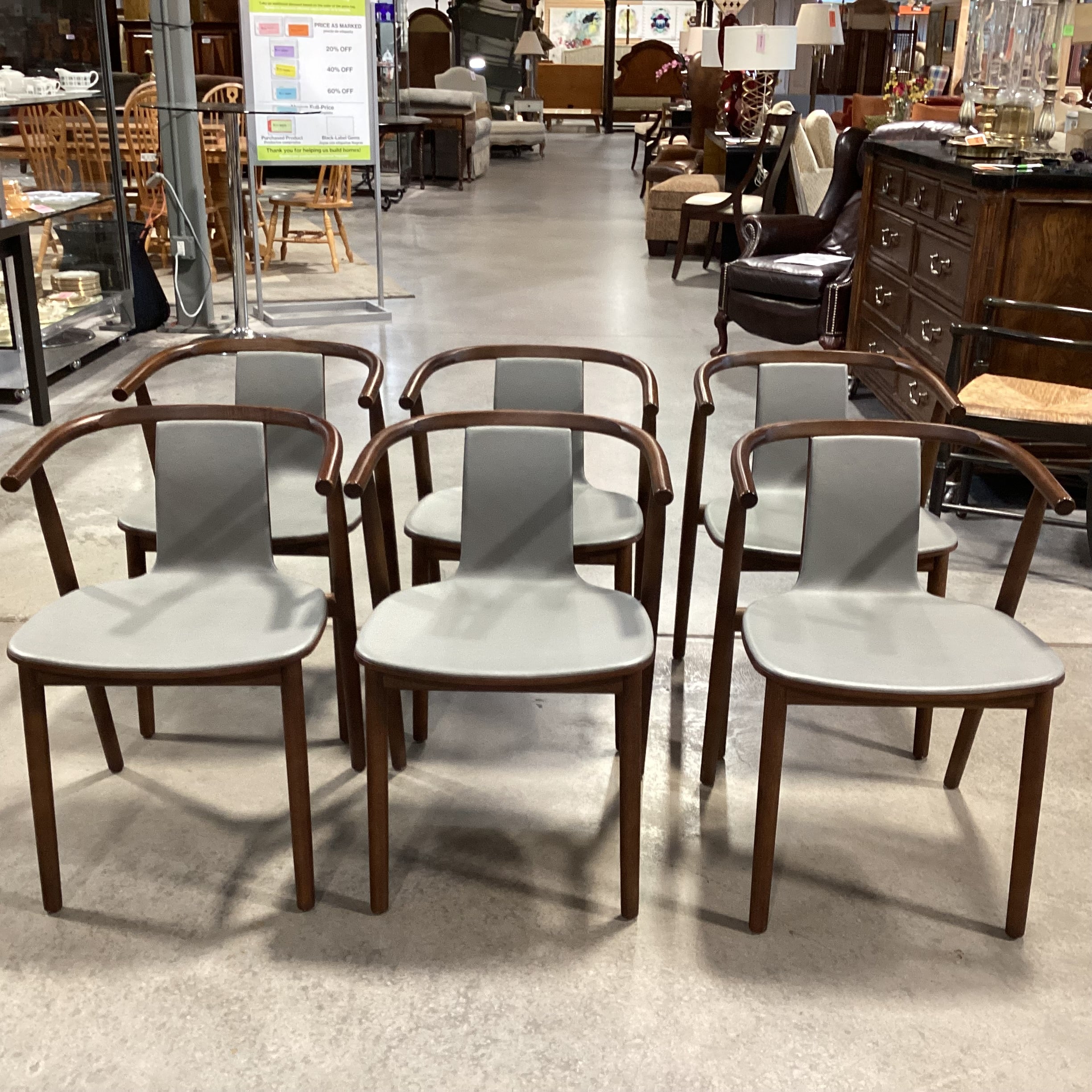 SET of 6 Cappellini Bac Grey Leather & Walnut Modern Dining Chairs 21"x 20"x 29"