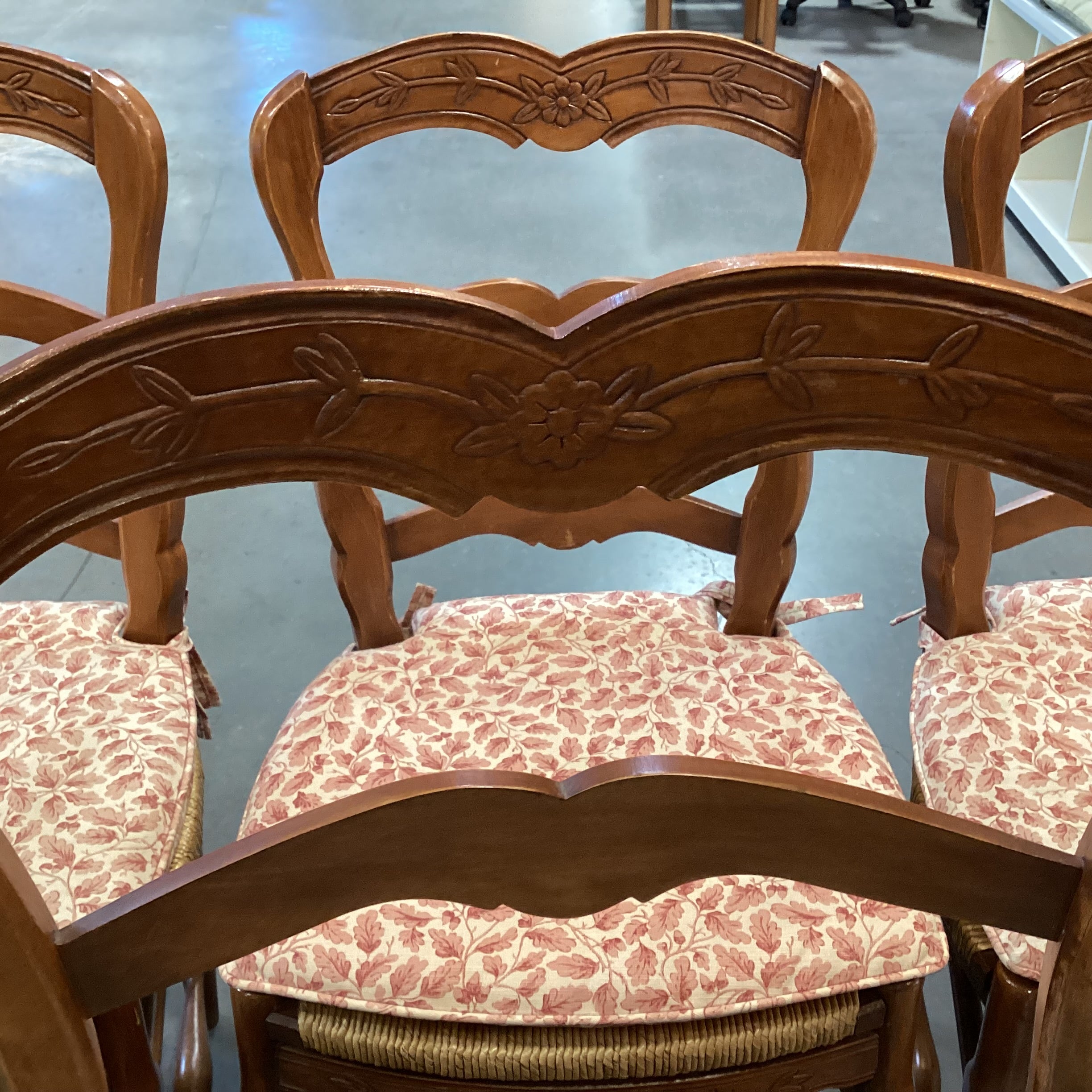 Set of 6 Carved Wood with Rush Seat & Floral Seat Cushion Dining Chairs 21"x 21"x 38"