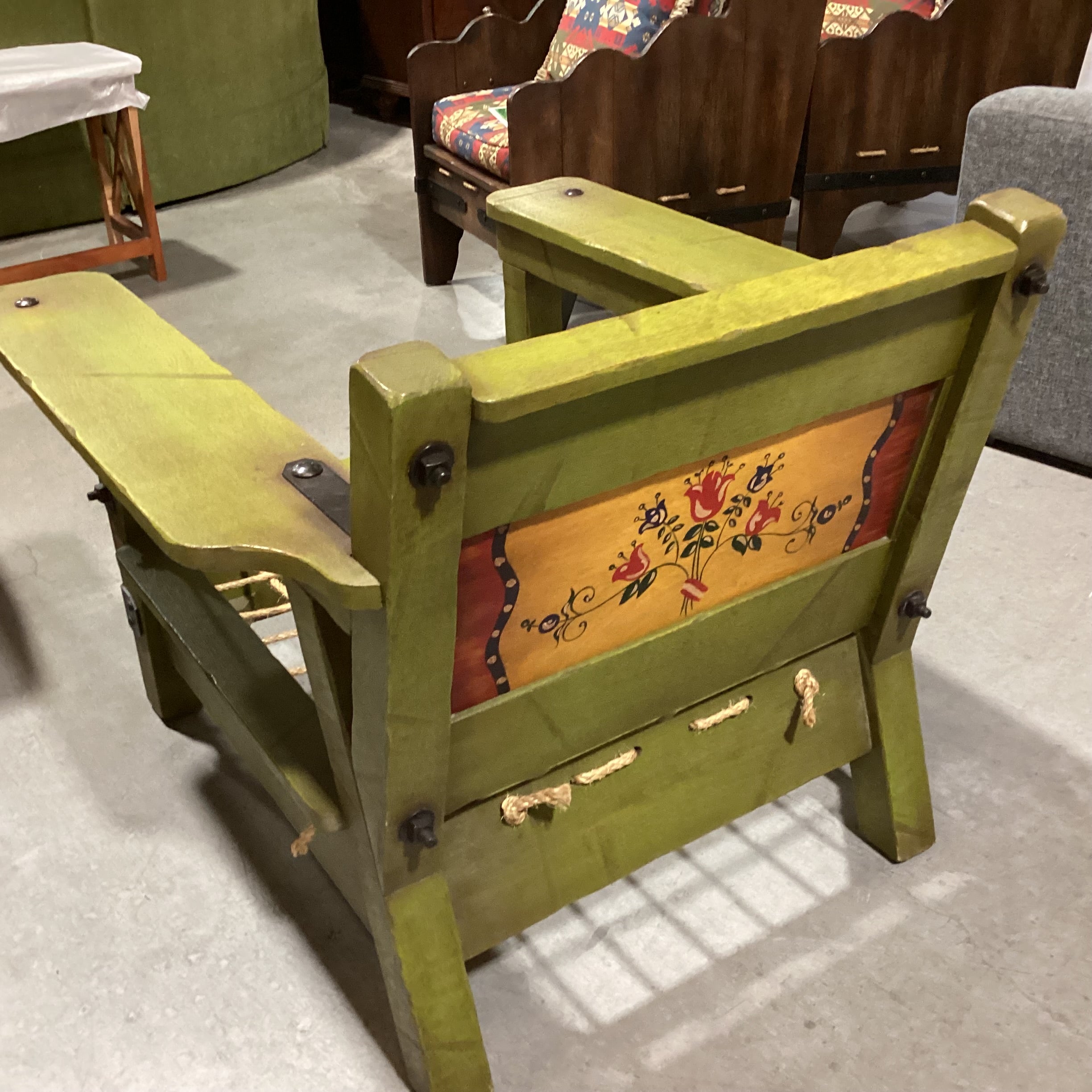 Art in Fine Forms Custom Spanish Green Alder Iron & Rope Leather Cushions with Ottoman Chair 35"x 36" 31"