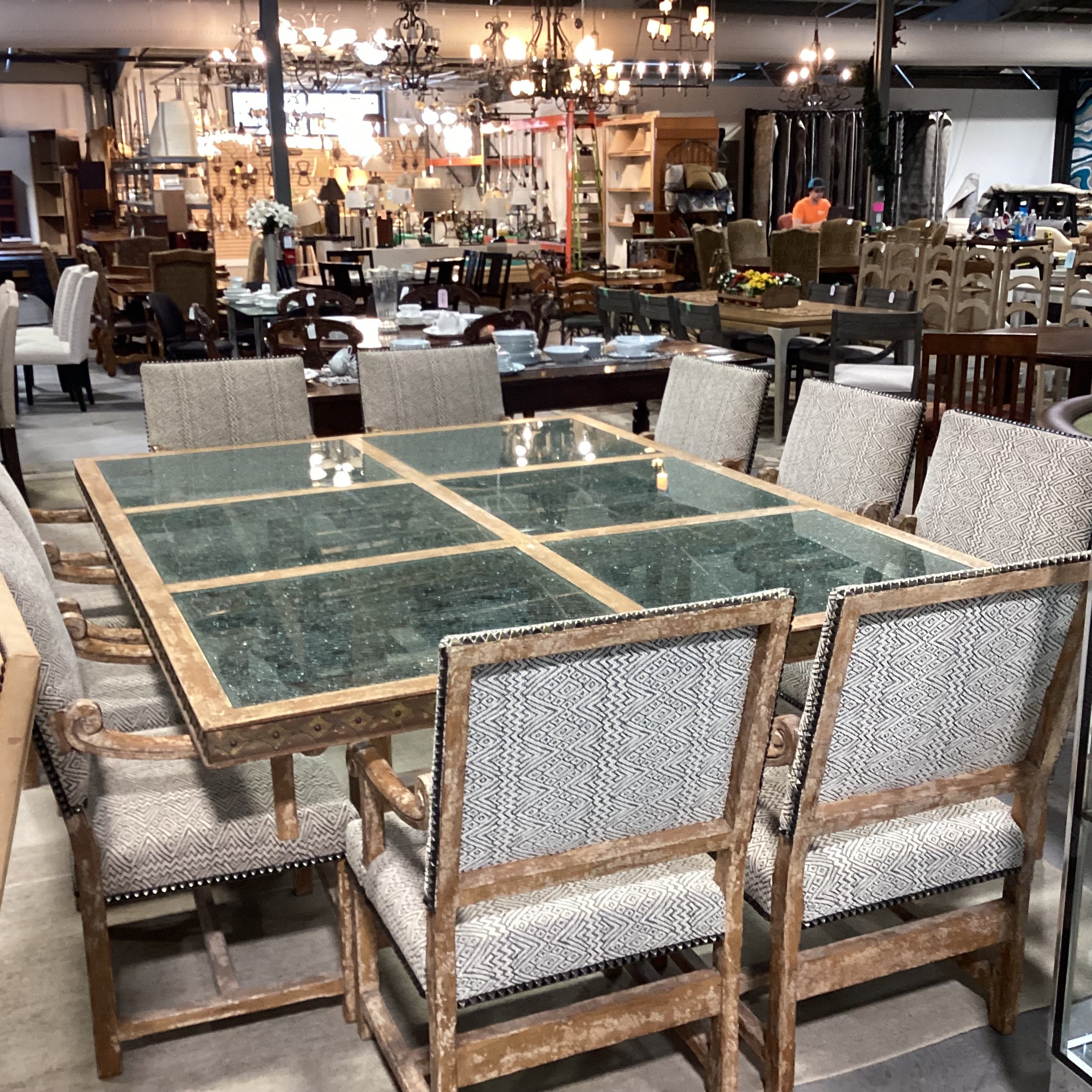 Custom Carved Textured Distressed Finish with Inset Crackle Glass Table with 10 Chairs Dining Set 96"x 72"x 30"