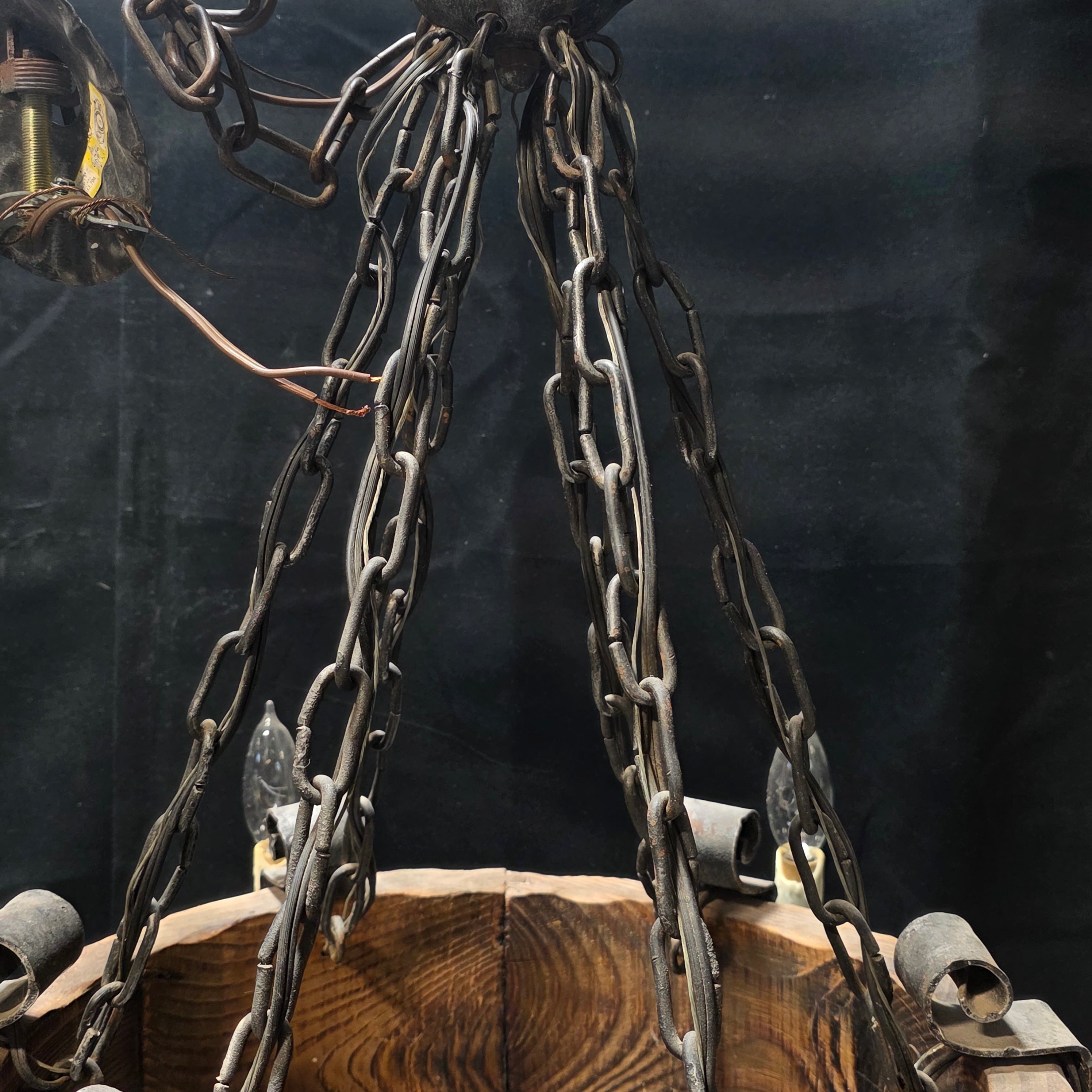 Vintage Medieval Tavern Wrought Iron and Wood Spanish Revival 6 Light Chandelier 22"Dx23"