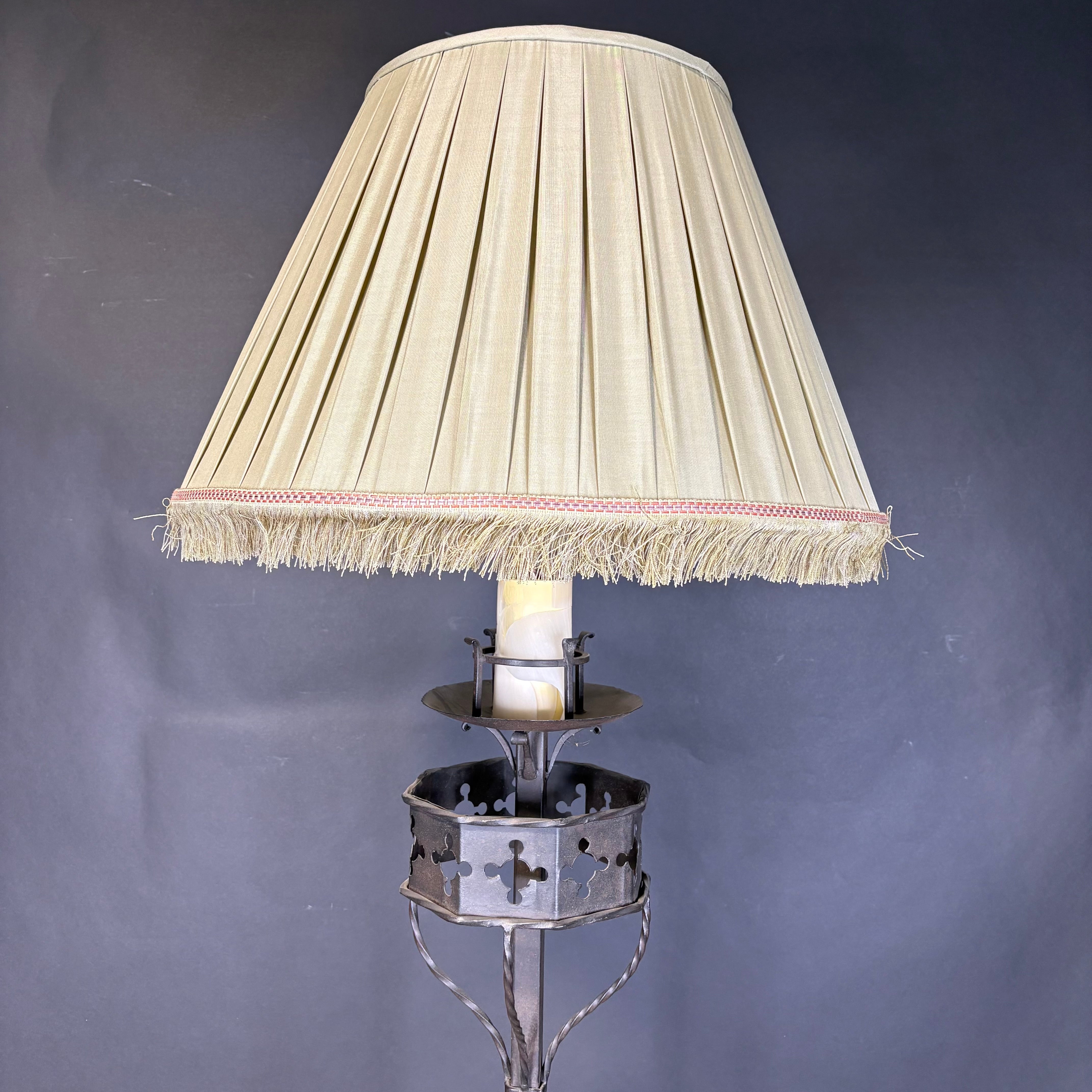 Paul Ferrante Zoro Neoclassical Iron Tripod with Shade Floor Lamp 24” Diameter @ Shade x 72”