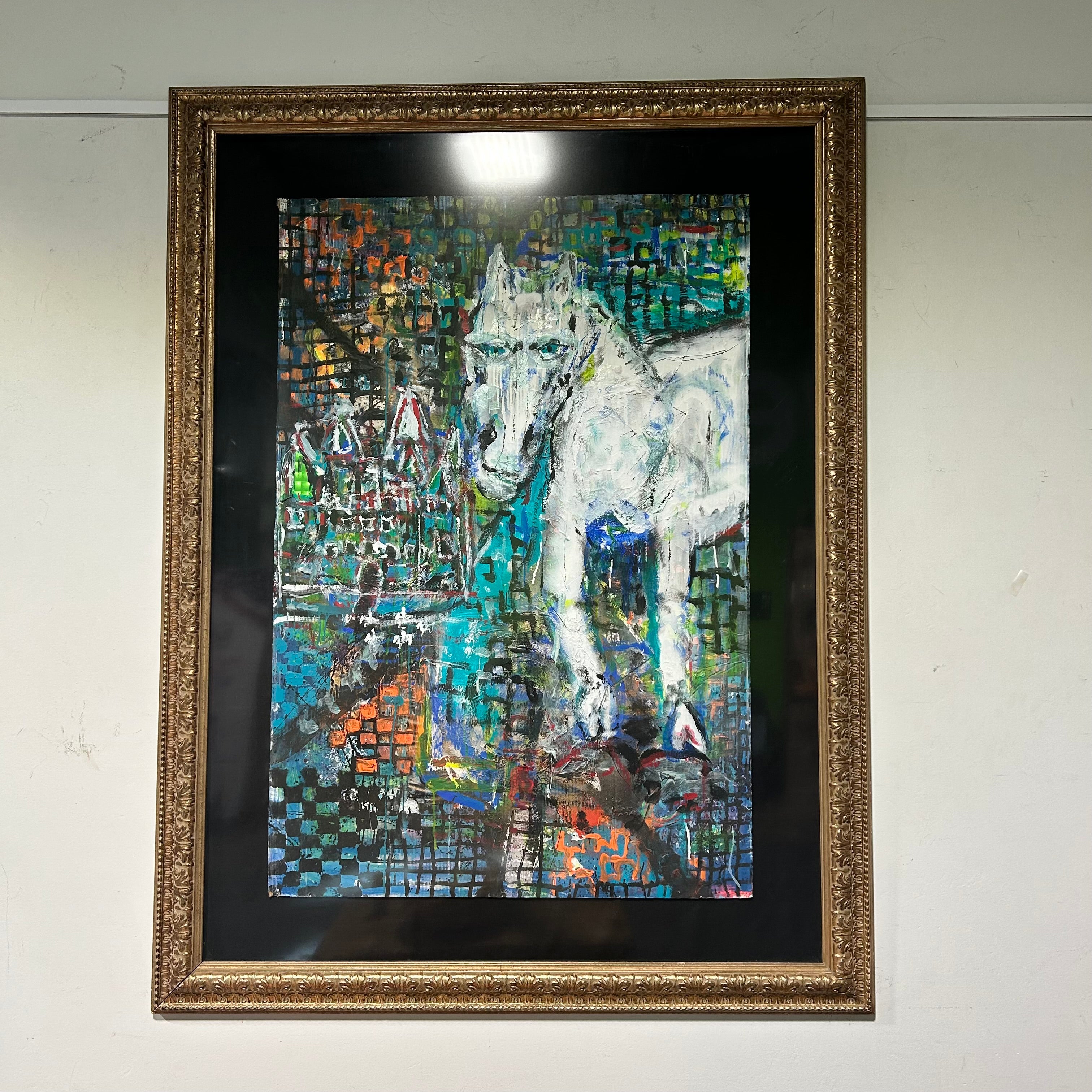 Large Mixed Media Abstract  Colorful White Horse And Castle 52"x 69"