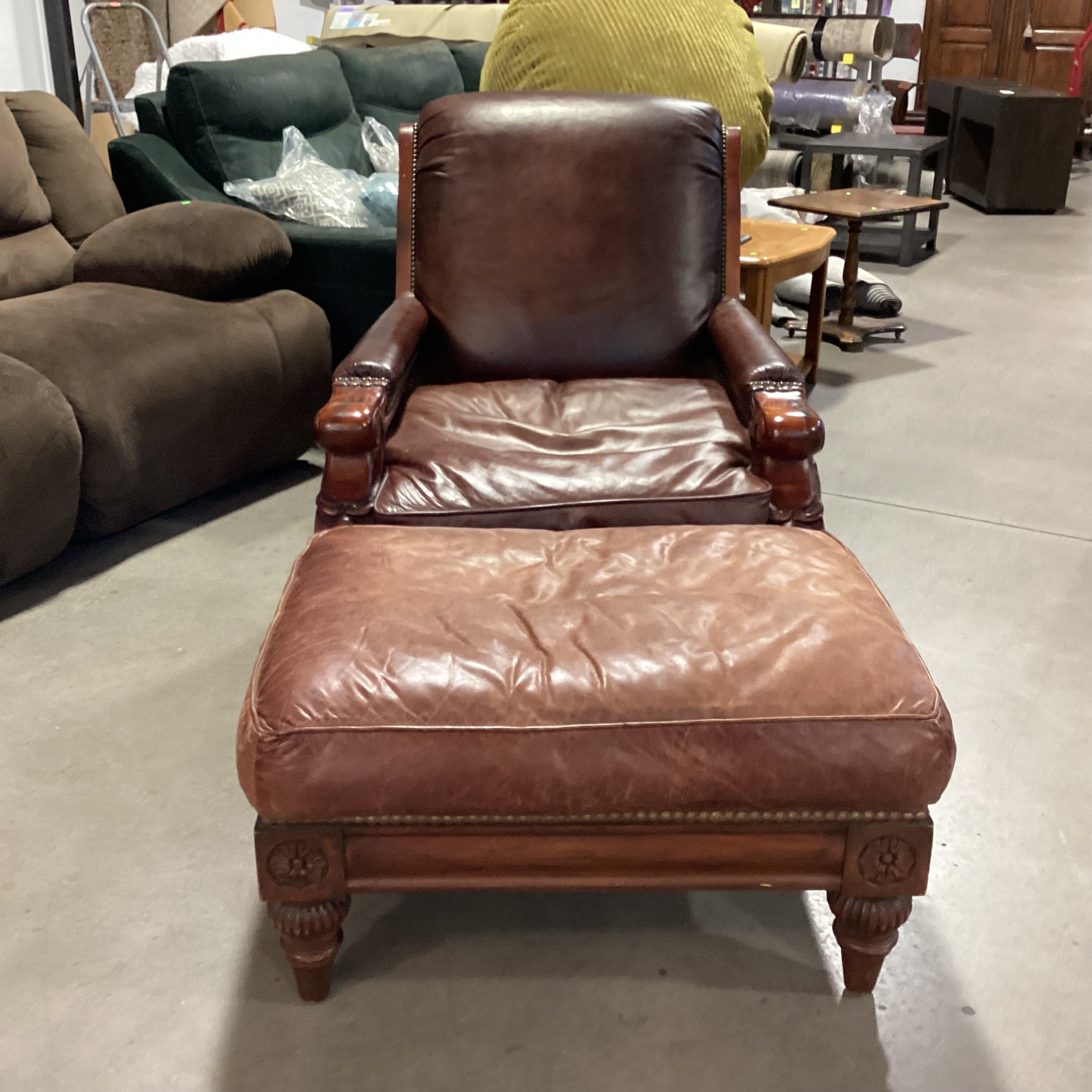 Carved Wood Leather Nailhead Down Mix with Ottoman Chair 36"x 44"x 40"