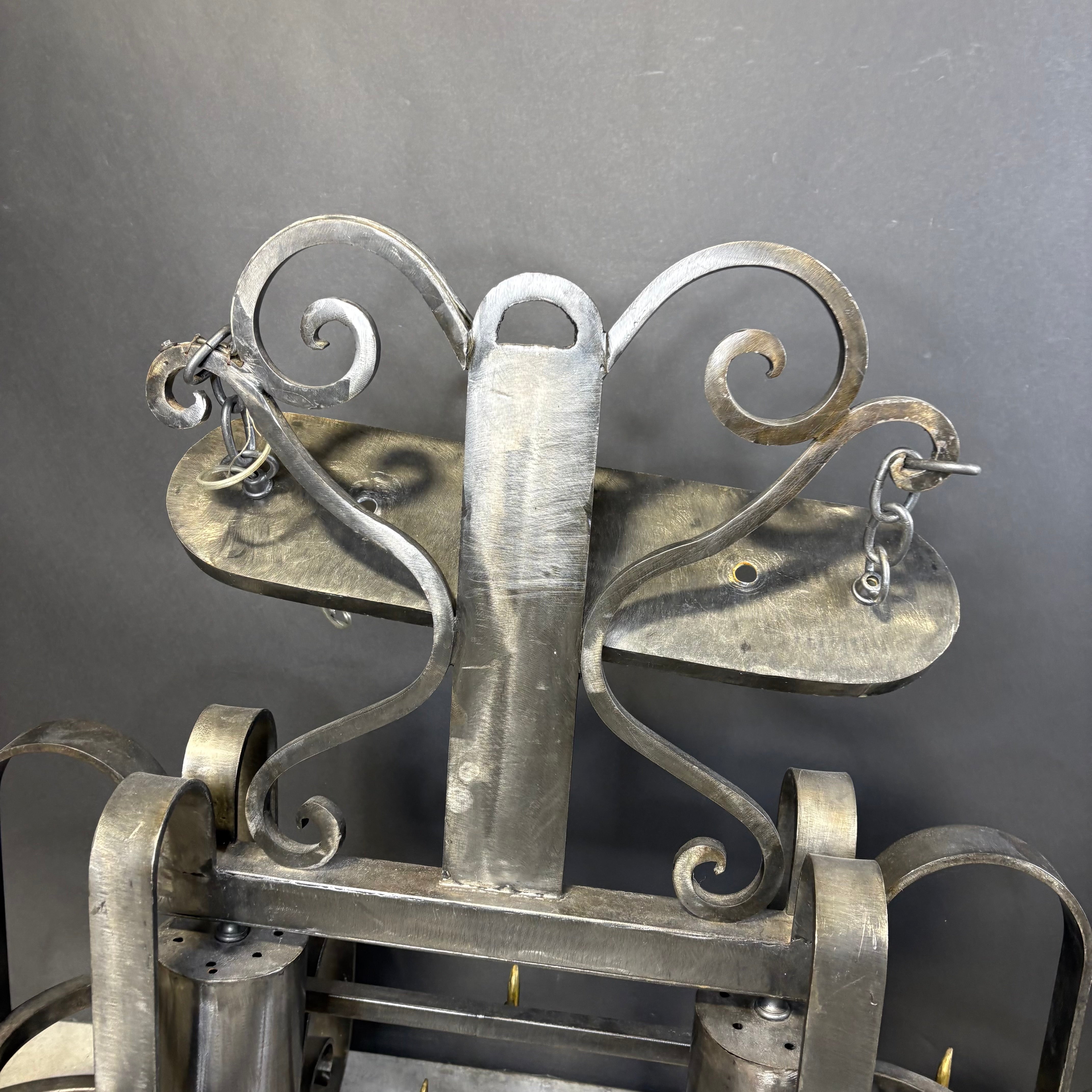 Hand Forged 2-Light Gun Metal Iron Pot Rack Chandelier 57”x 36”x 32”