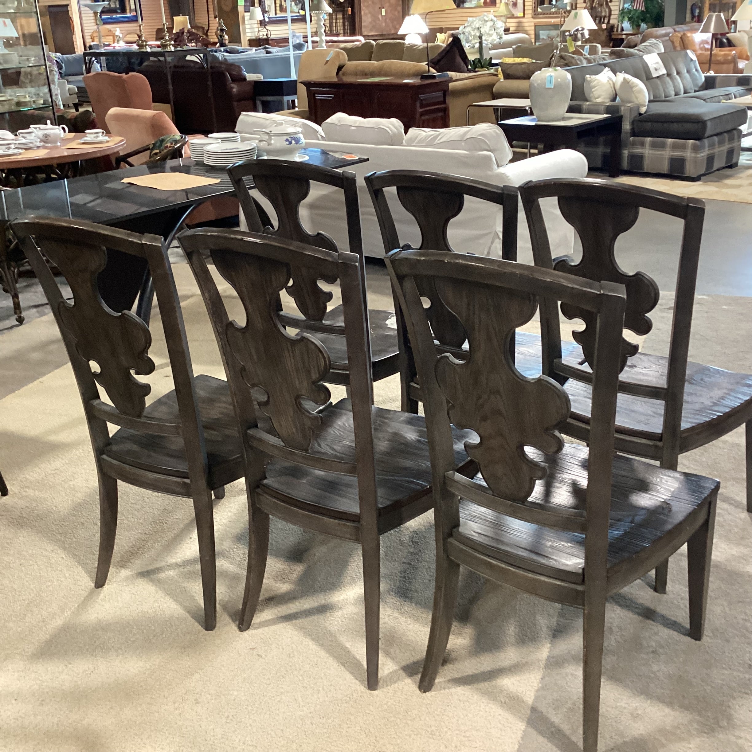 SET of 6 French Country Grey Washed Wood with Detail Back Dining Chairs 19"x 20"x 41.5"