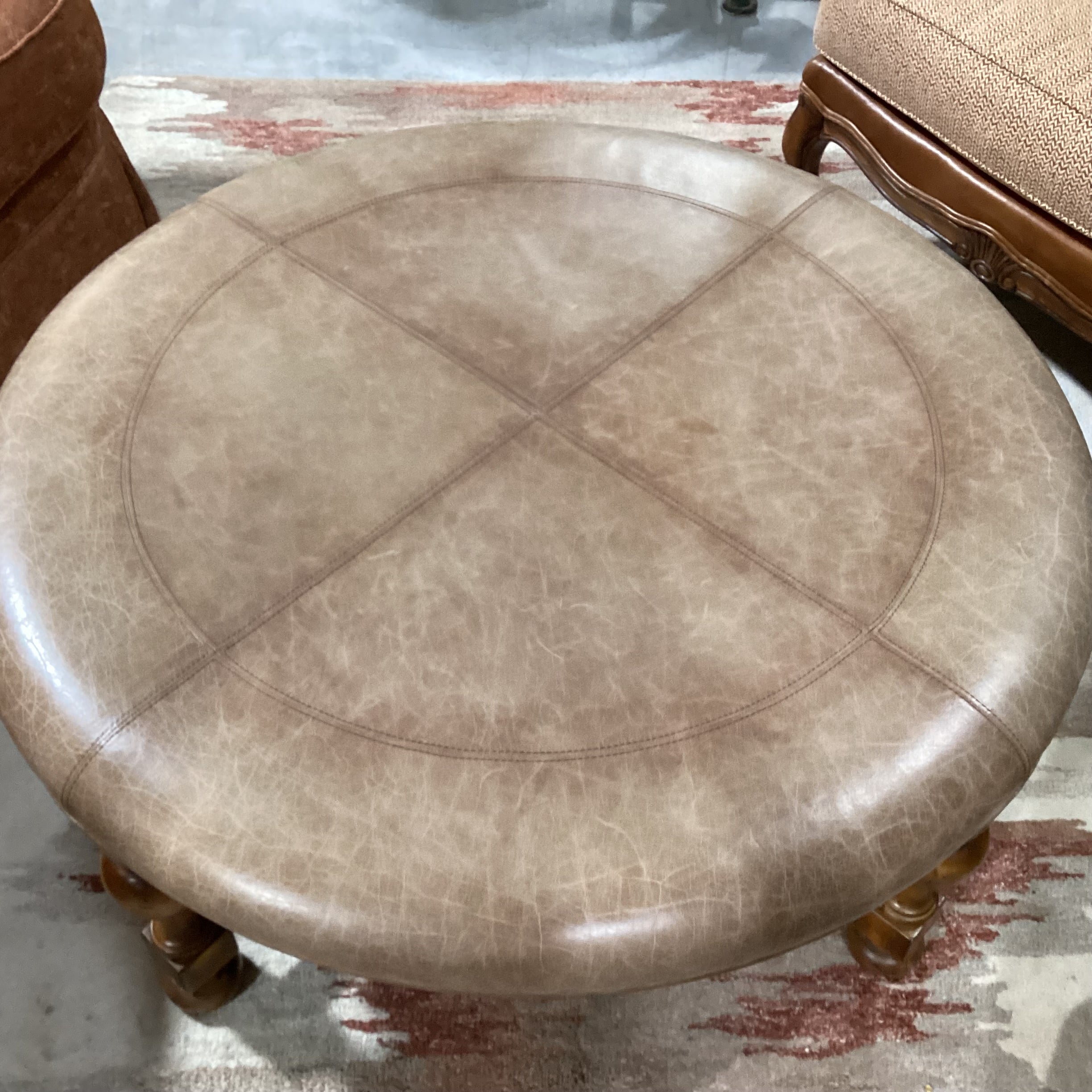 Carved Wood & Distressed Leather Round Ottoman 45" Diameter x 19.5"
