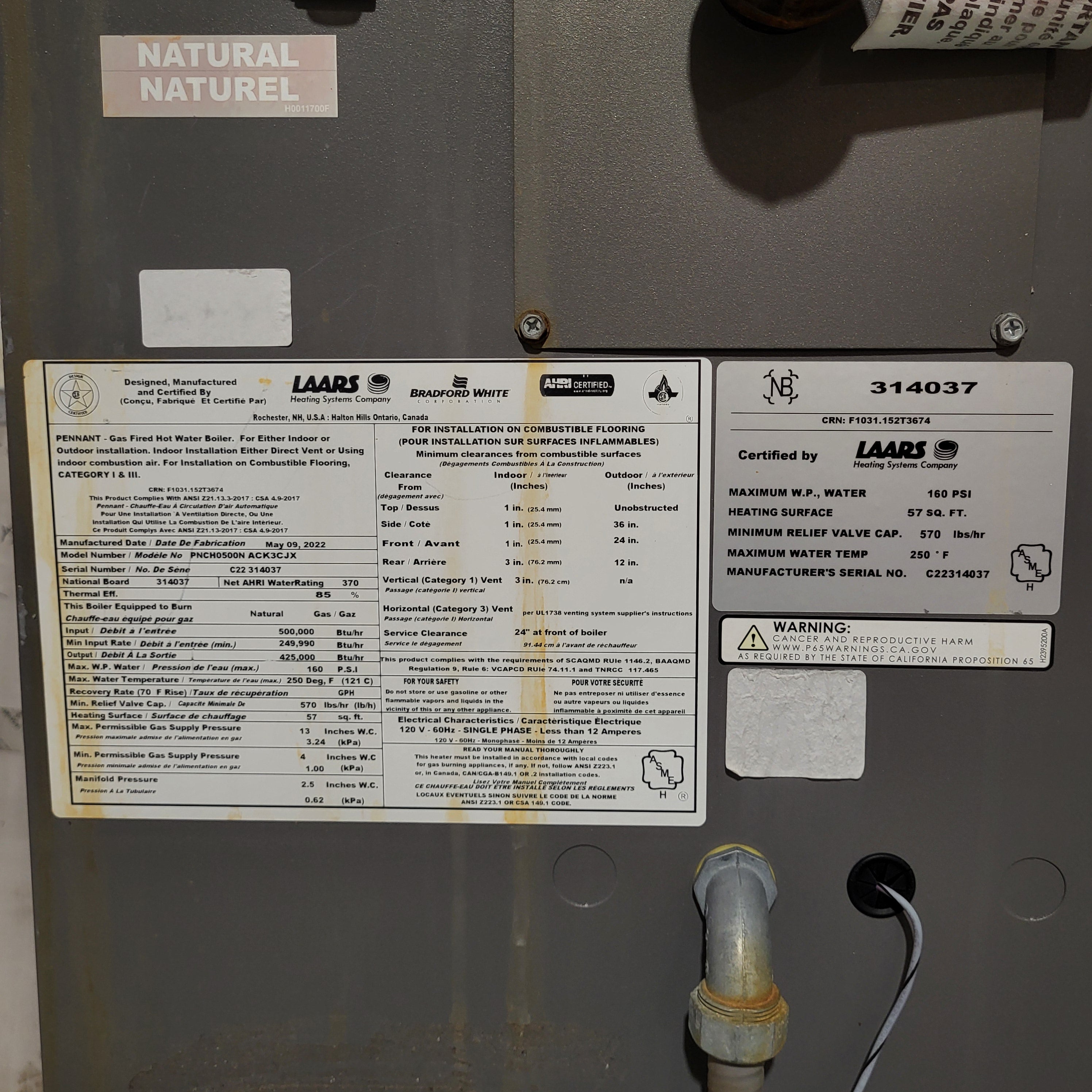 LAARS Heating Systems Company Water Heater Boiler 29.5"x 45"x 50"