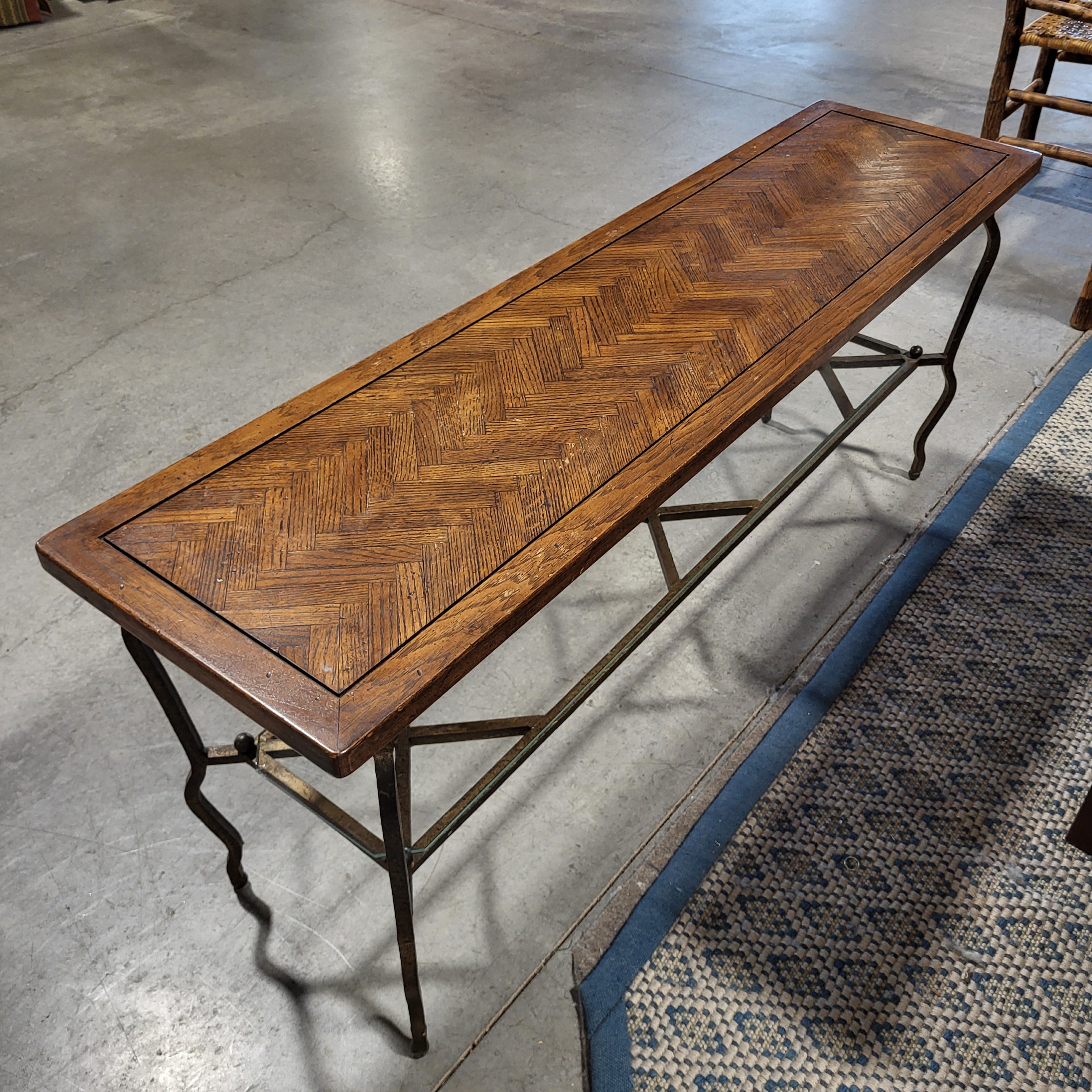 Dark Wood 2 Tiered Herringbone Top Design Glass Shelf with Metal Base Sofa Table 60"x 15.5"x 24.5"