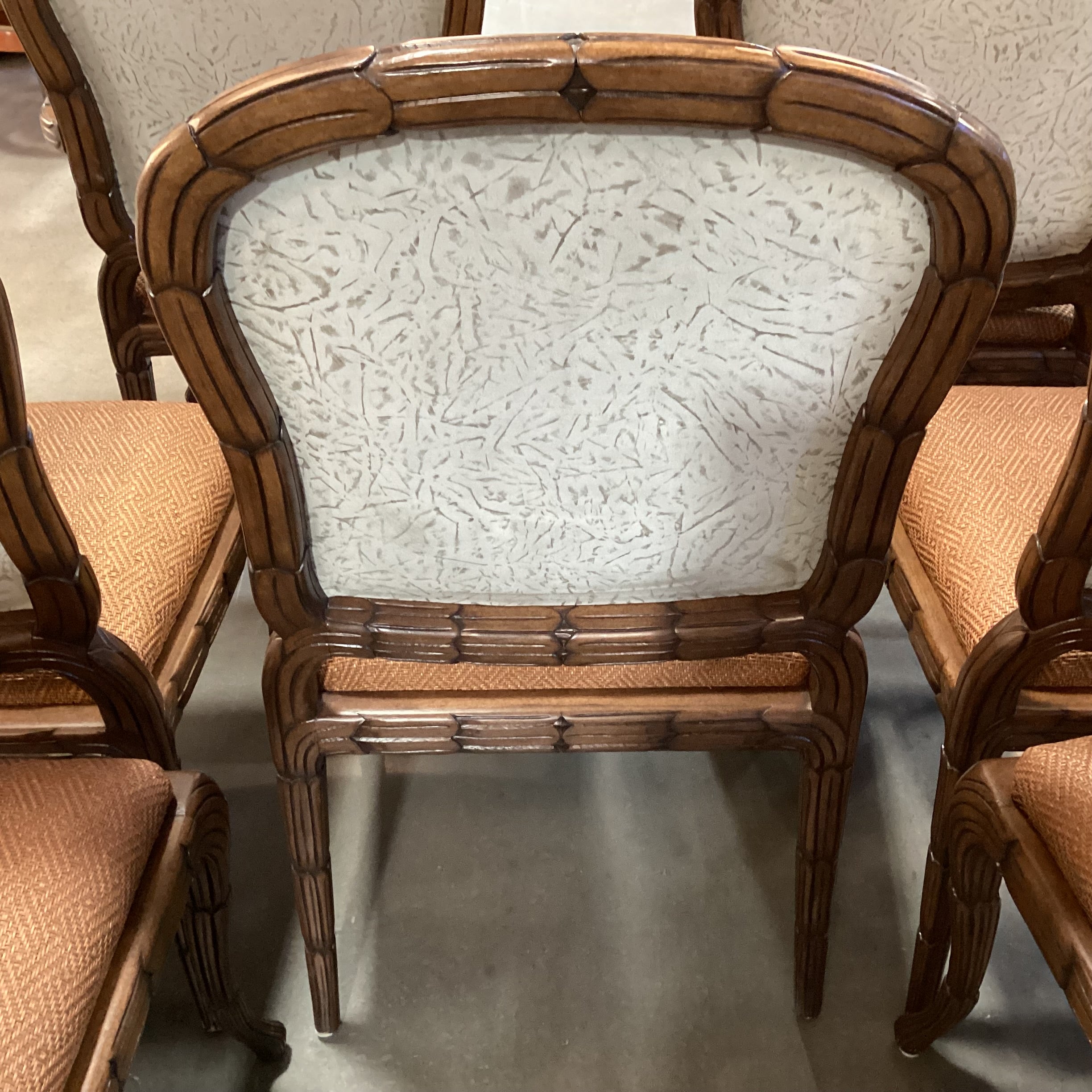 SET of 8 Ornate Carved Wood with Leather  Woven Seat & Suede Back Dining Chairs 24"x 22"x 40"