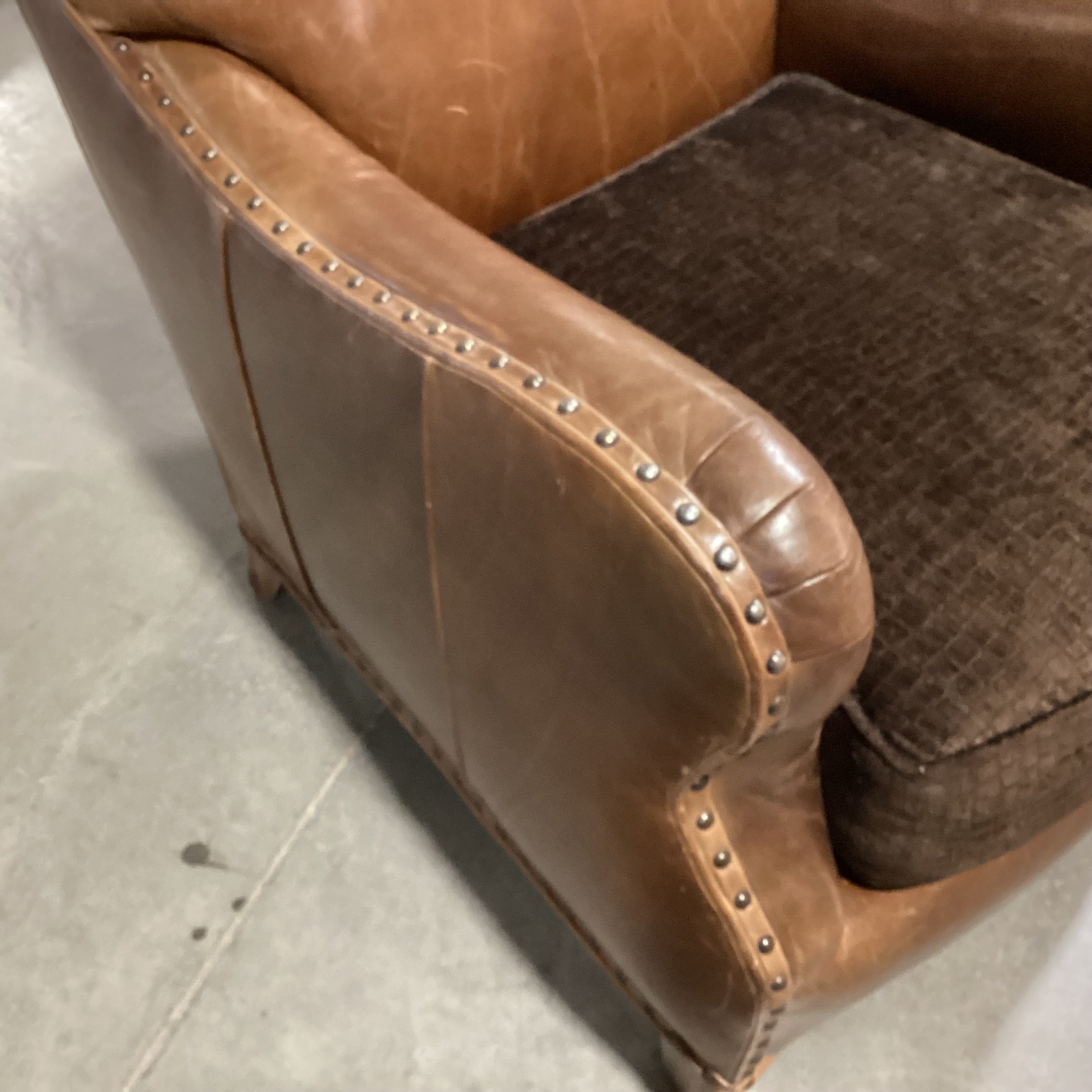 Westley Hall Collection Distressed Leather Nailhead with Brown Upholstered Seat Cushion Chair 31"x 38"x 34"