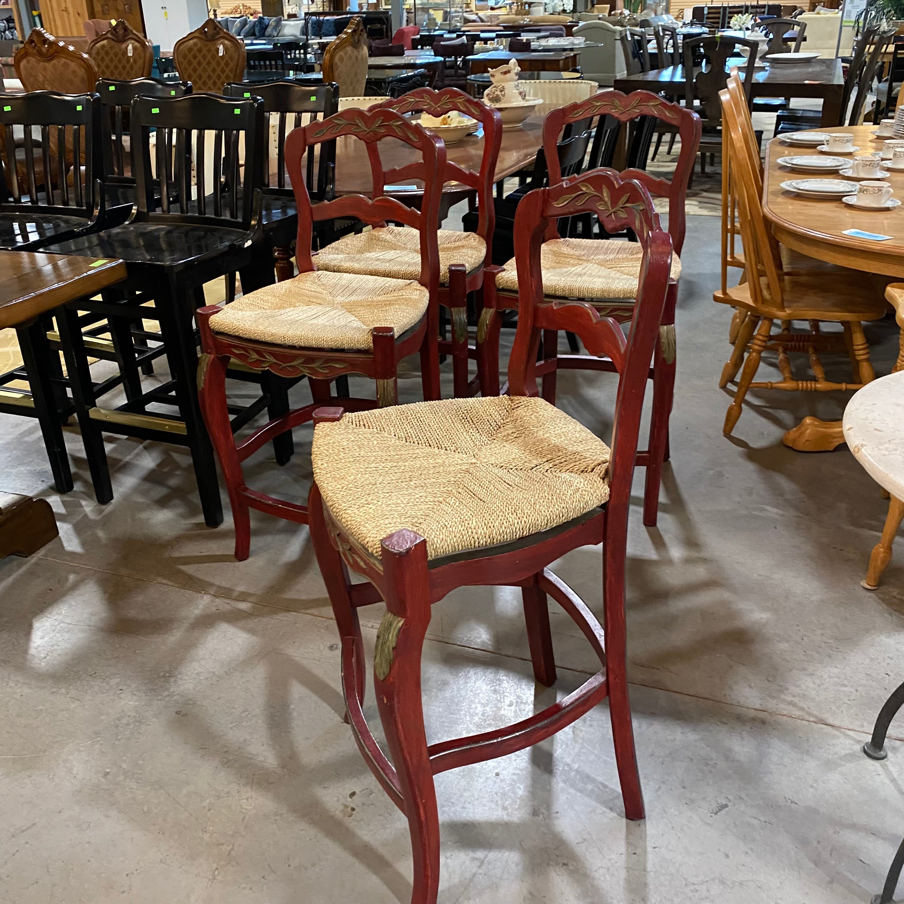 Set of 4 Red Varnished Rush Seat Gold Carved Accents Counter Bar Stool 42"x 18"x 18"